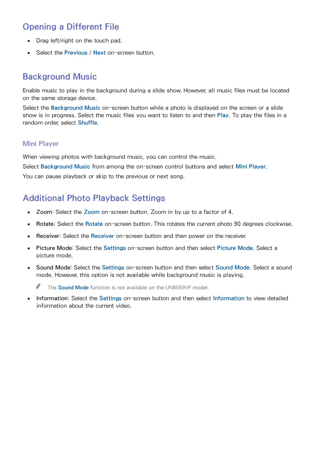 Samsung UN60F8000BF, UN65F9000AF, UN65F8000, UN55F9000 Background Music, Additional Photo Playback Settings, Mini Player 