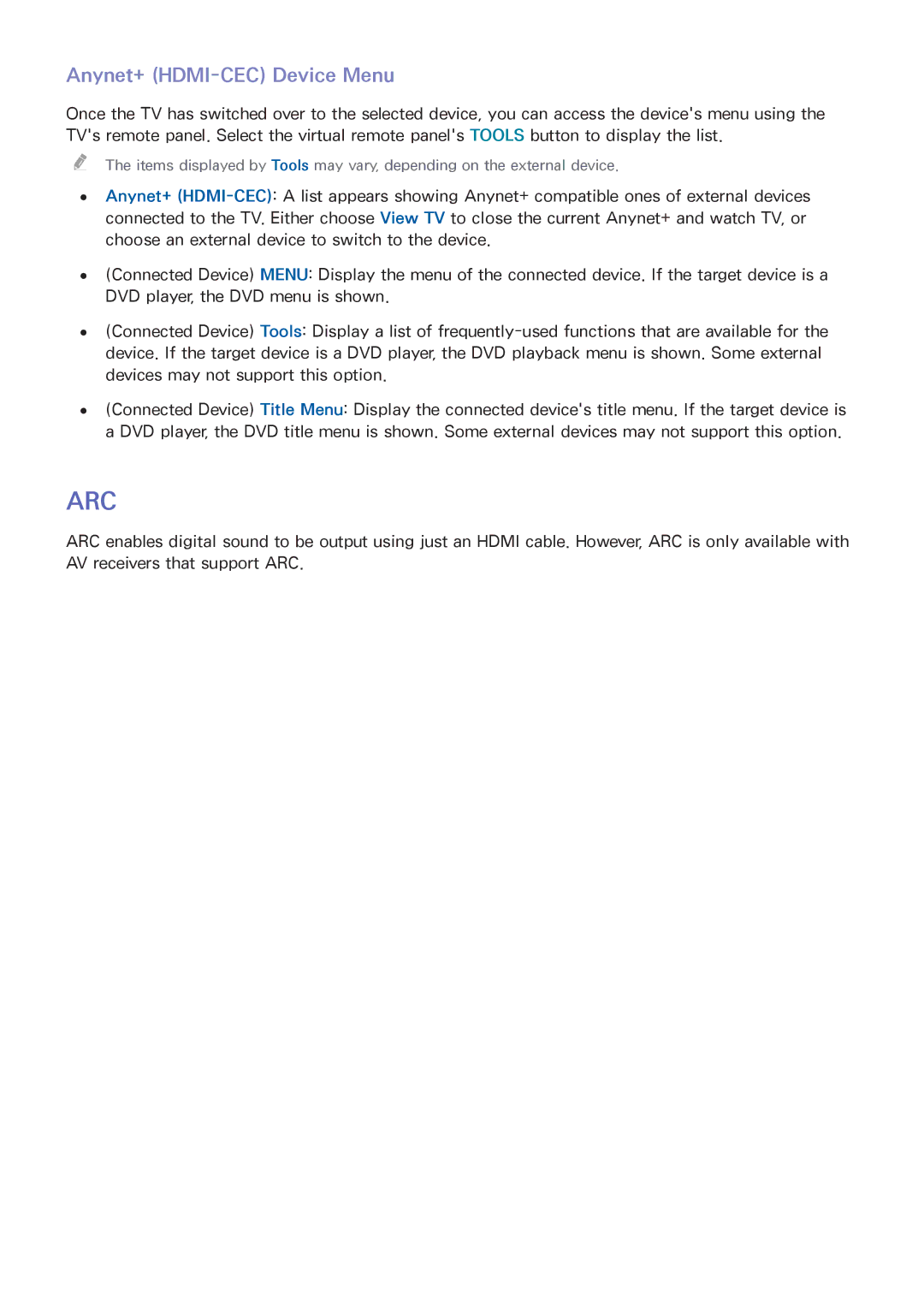 Samsung UN65F8000, UN65F9000AF, UN60F8000BF, UN55F9000 manual Arc, Anynet+ HDMI-CEC Device Menu 