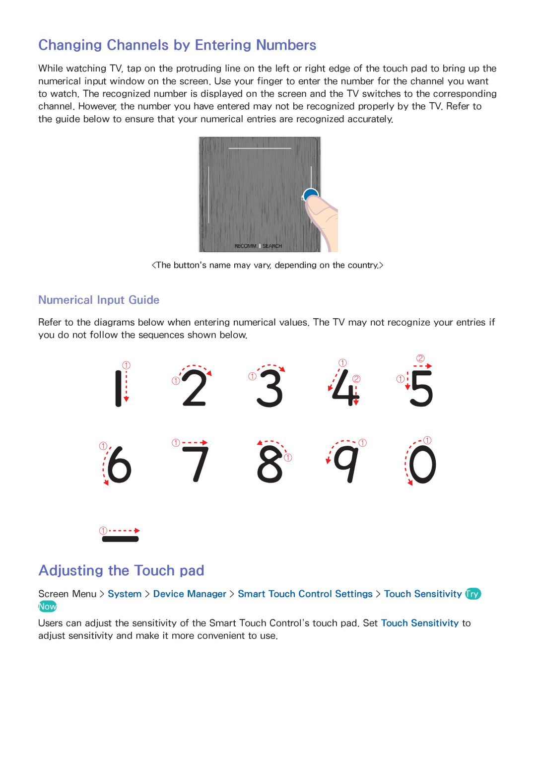 Samsung UN65F8000, UN65F9000AF manual Changing Channels by Entering Numbers, Adjusting the Touch pad, Numerical Input Guide 