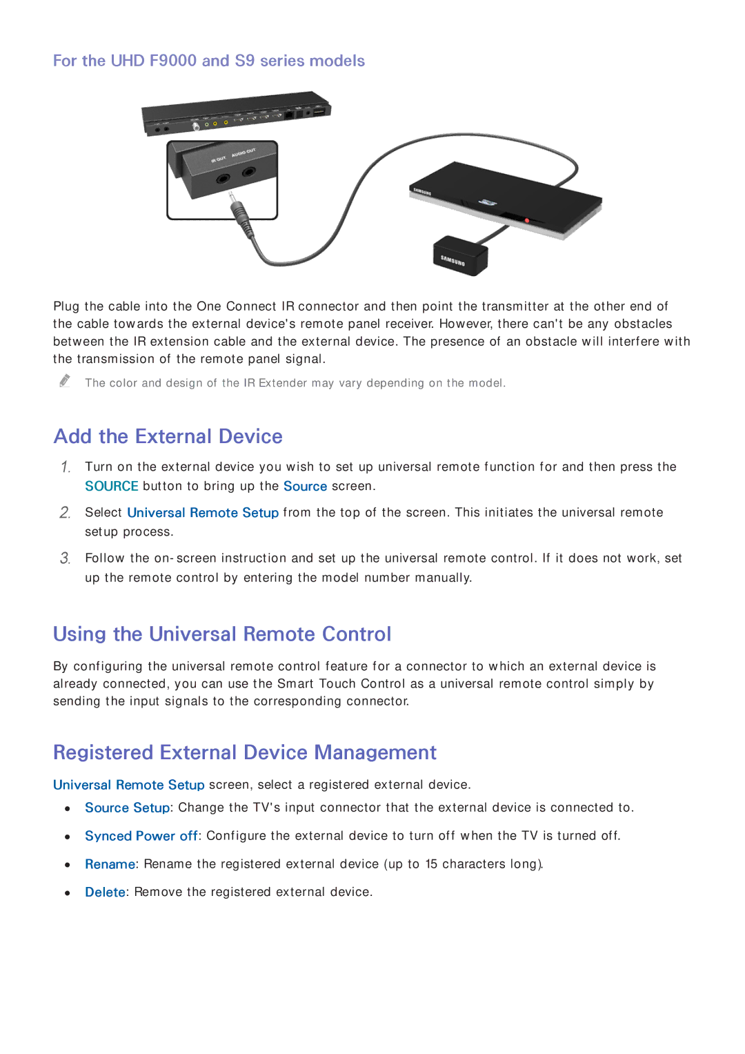 Samsung UN65F8000 manual Add the External Device, Using the Universal Remote Control, Registered External Device Management 