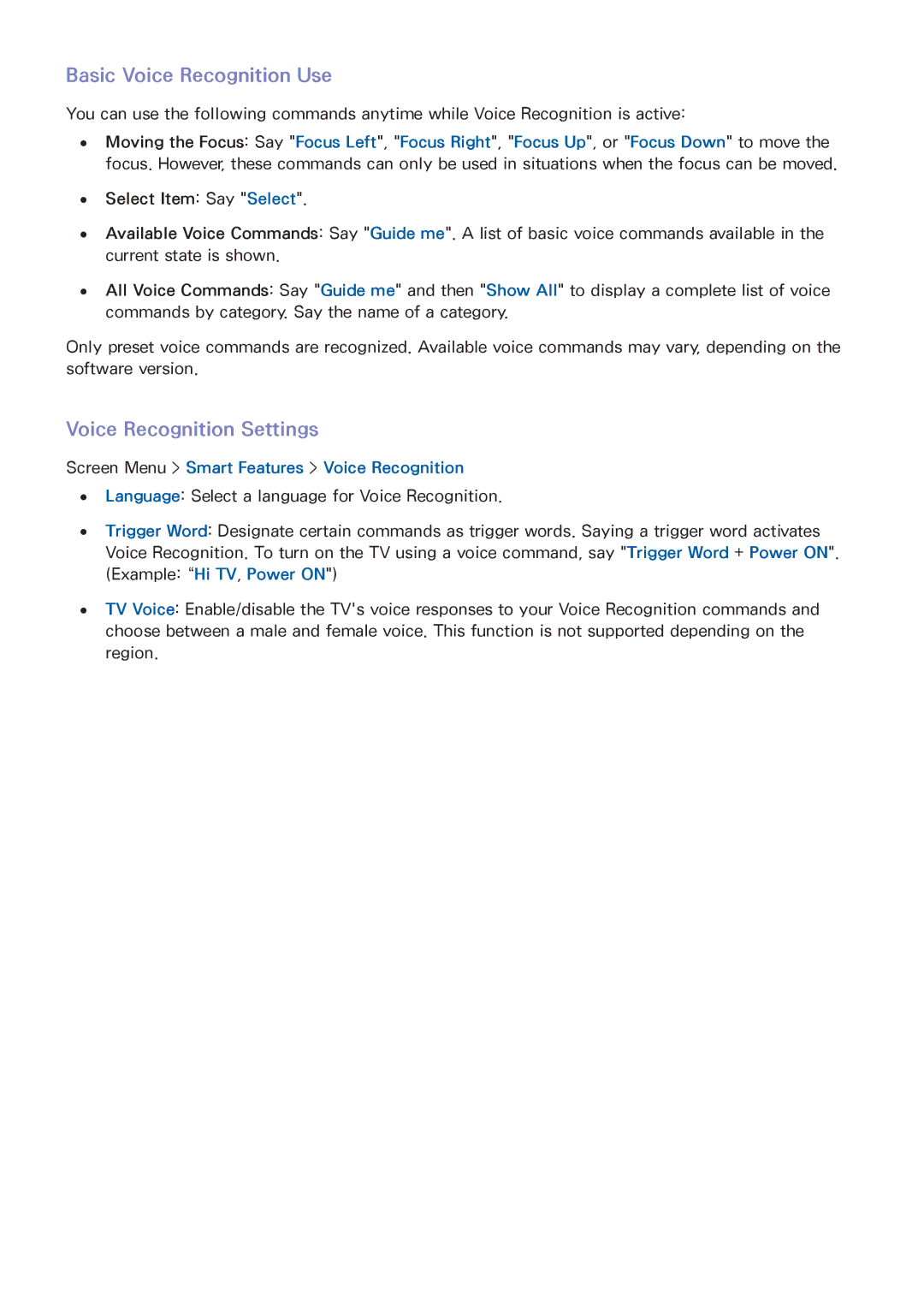 Samsung UN55F9000, UN65F9000AF, UN65F8000, UN60F8000BF manual Basic Voice Recognition Use, Voice Recognition Settings 