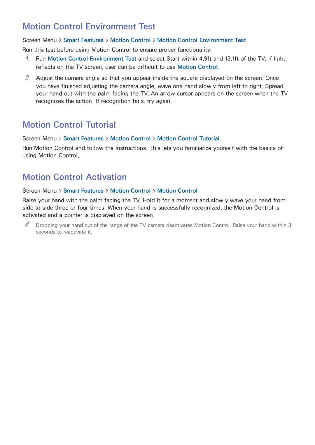 Samsung UN65F8000, UN65F9000AF manual Motion Control Environment Test, Motion Control Tutorial, Motion Control Activation 