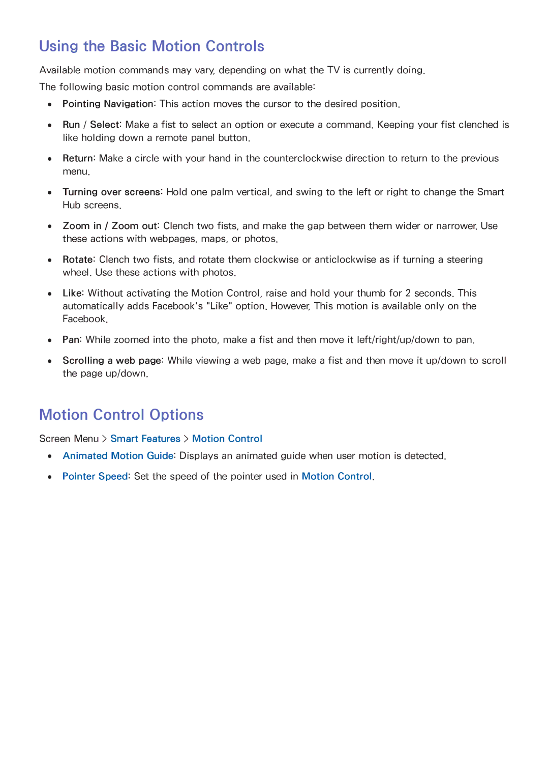 Samsung UN60F8000BF, UN65F9000AF, UN65F8000, UN55F9000 manual Using the Basic Motion Controls, Motion Control Options 