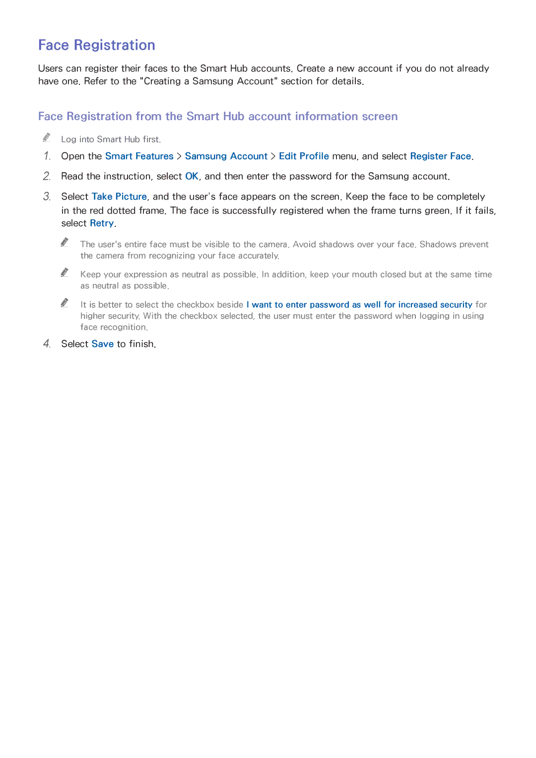 Samsung UN55F9000, UN65F9000AF, UN65F8000, UN60F8000BF manual Face Registration 