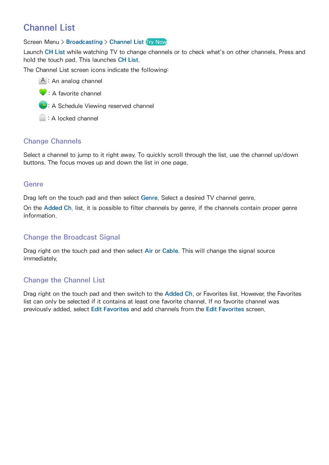 Samsung UN65F8000, UN65F9000AF, UN60F8000BF, UN55F9000 manual Genre, Change the Broadcast Signal, Change the Channel List 