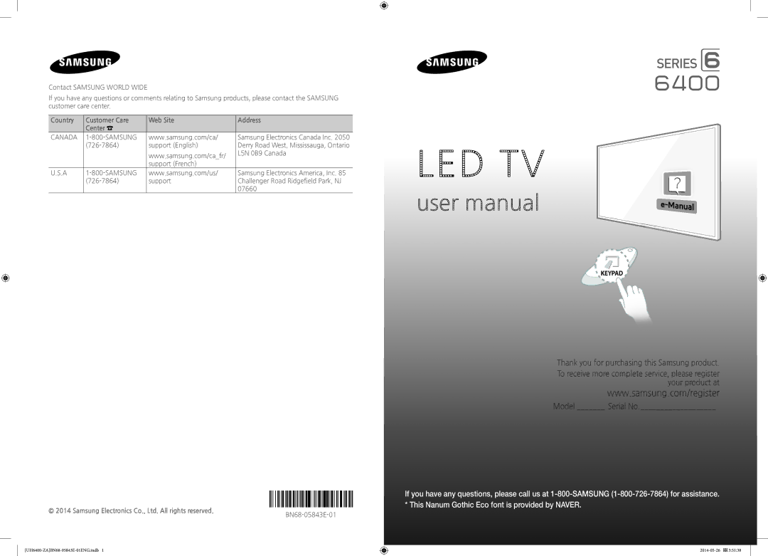 Samsung UN60H6400, UN65H6400 user manual Led Tv 