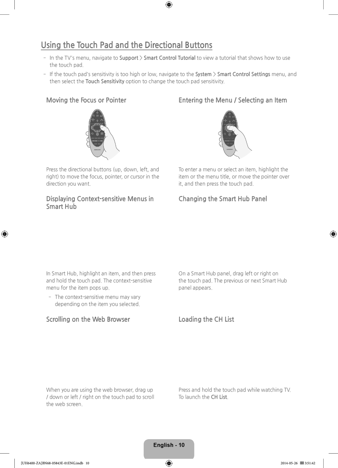Samsung UN65H6400, UN60H6400 Using the Touch Pad and the Directional Buttons, Moving the Focus or Pointer, Smart Hub 
