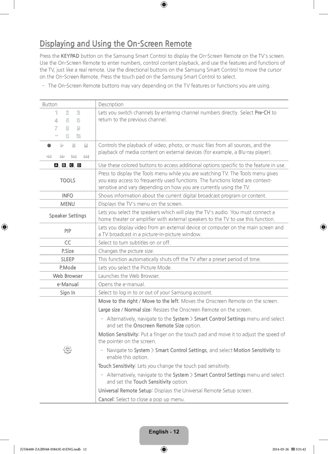 Samsung UN65H6400, UN60H6400 user manual Displaying and Using the On-Screen Remote, Set the Onscreen Remote Size option 