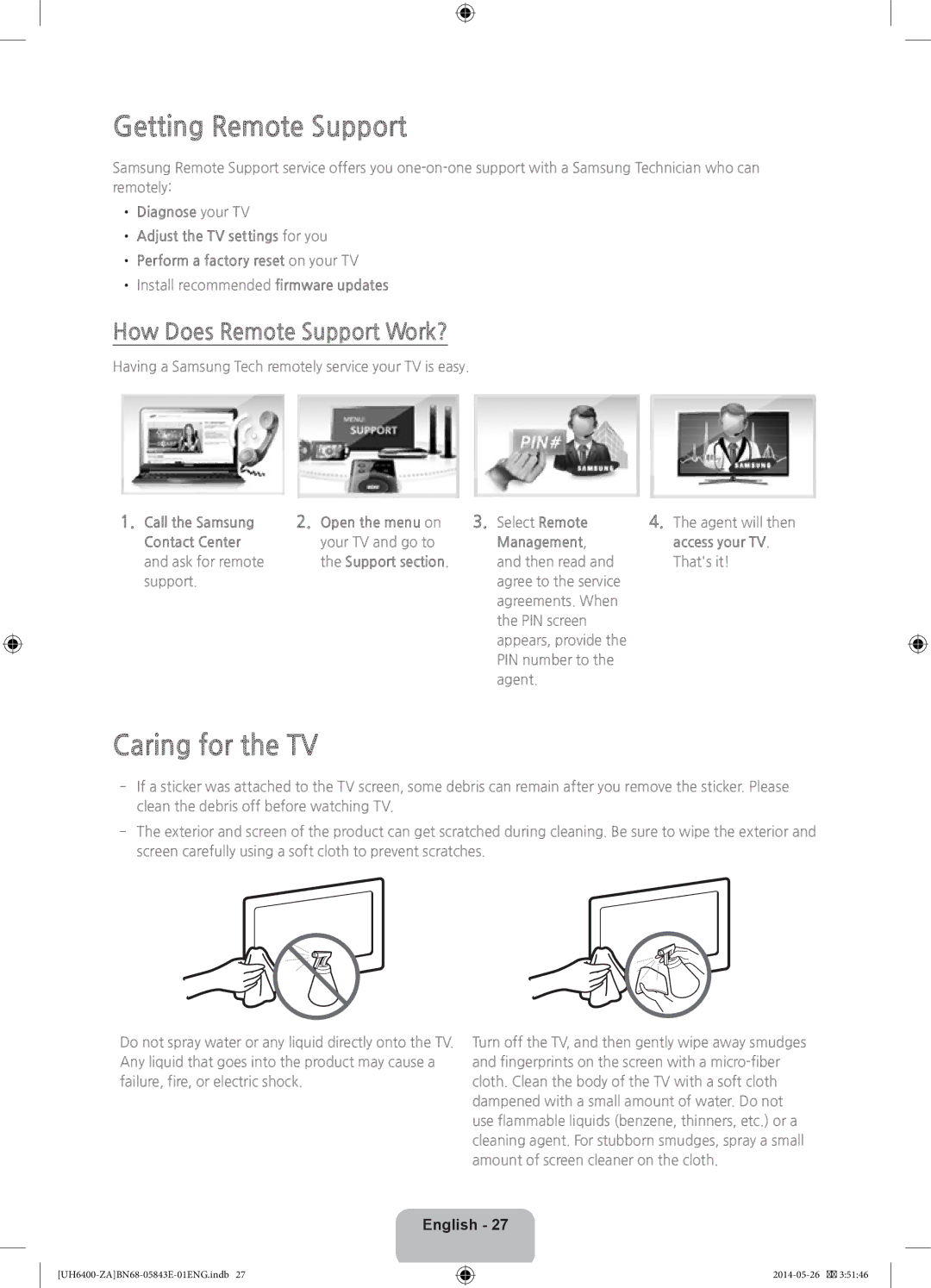 Samsung UN60H6400, UN65H6400 user manual Getting Remote Support, Caring for the TV, How Does Remote Support Work? 