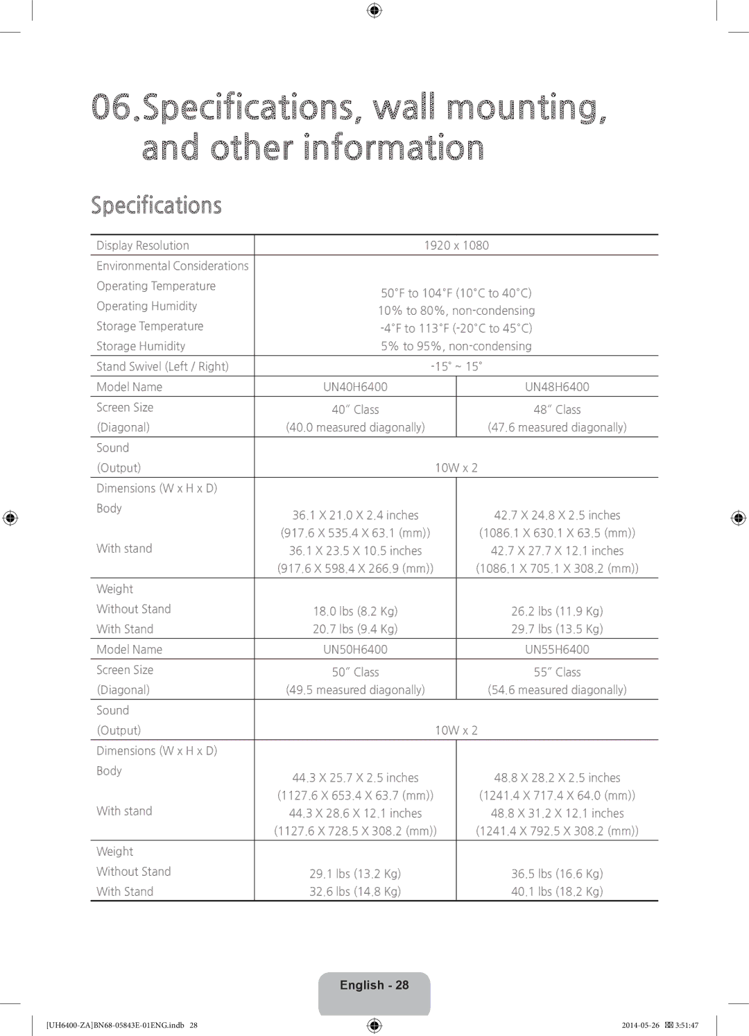 Samsung UN65H6400, UN60H6400 user manual Specifications, wall mounting, and other information 