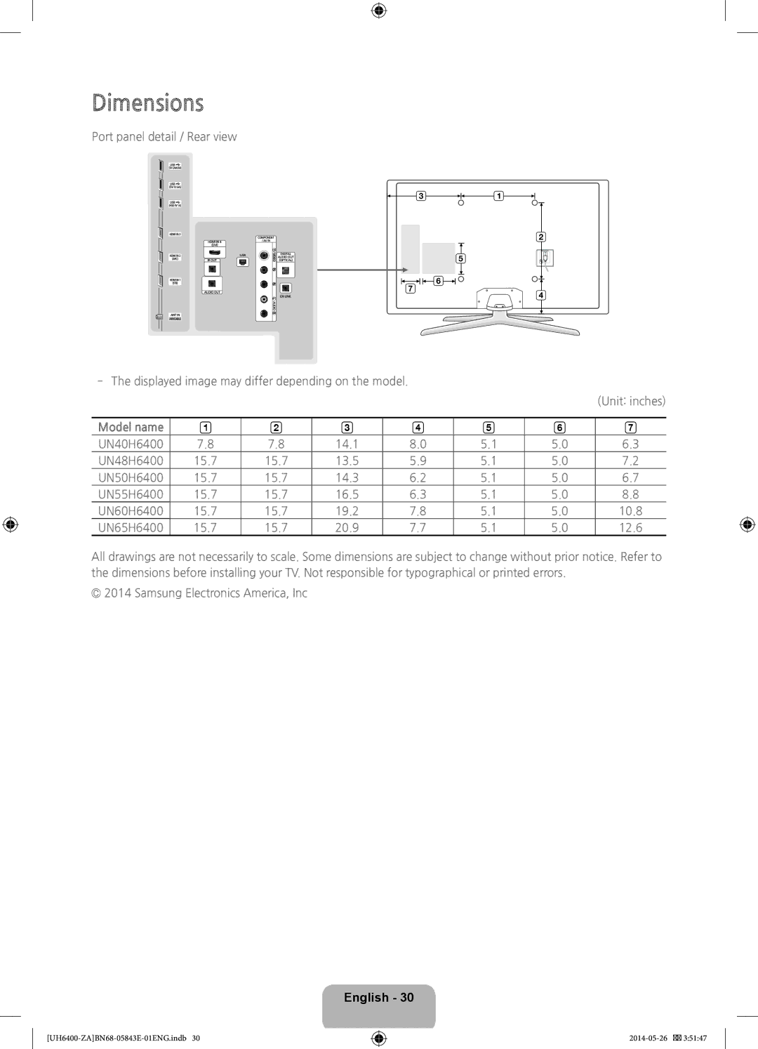 Samsung UN65H6400, UN60H6400 user manual Dimensions, Model name 