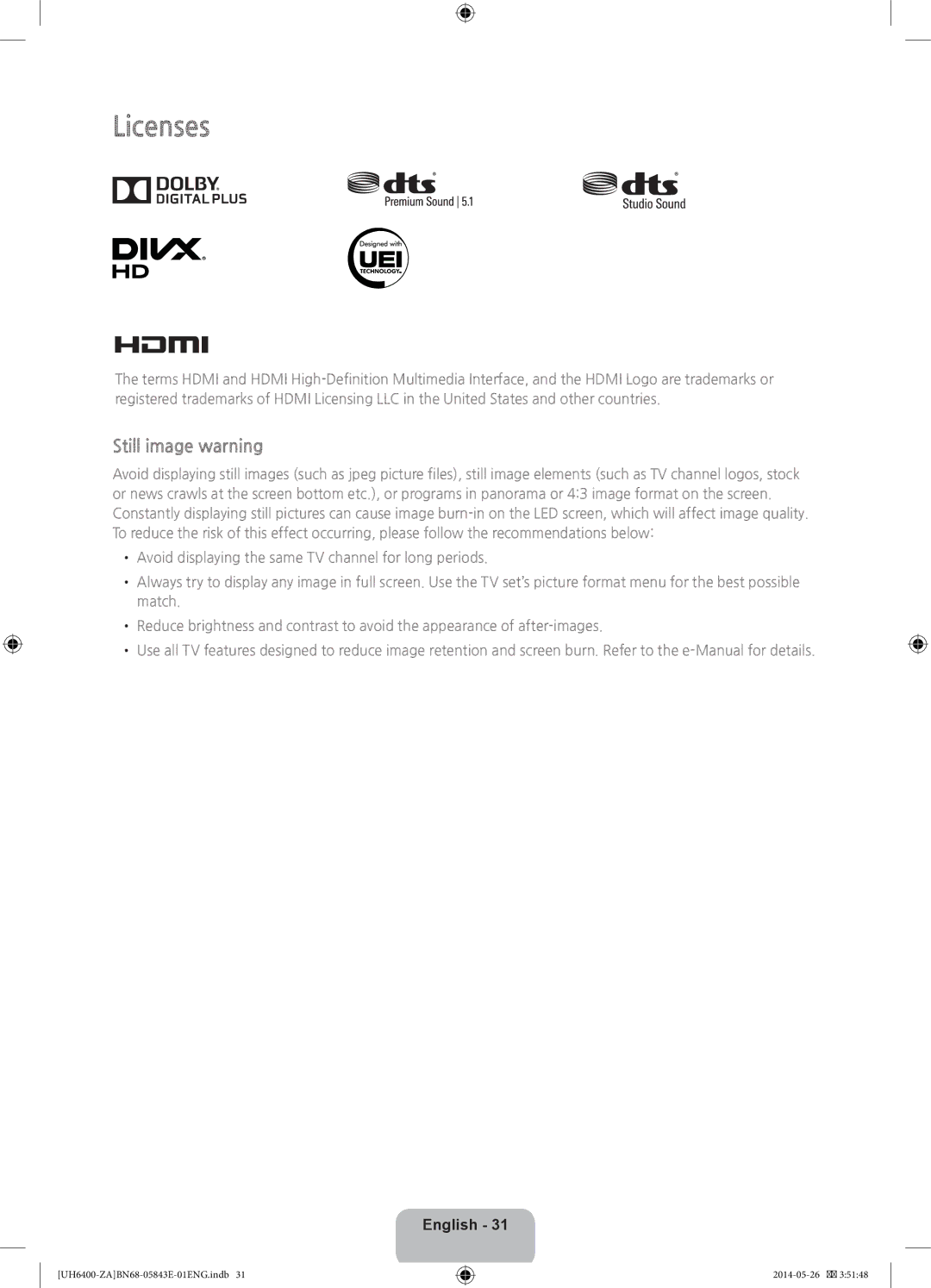 Samsung UN60H6400, UN65H6400 user manual Licenses, Still image warning 