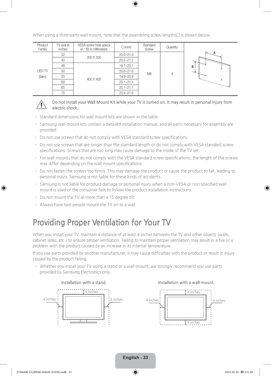 Samsung UN60H6400, UN65H6400 user manual Providing Proper Ventilation for Your TV, Installation with a stand 