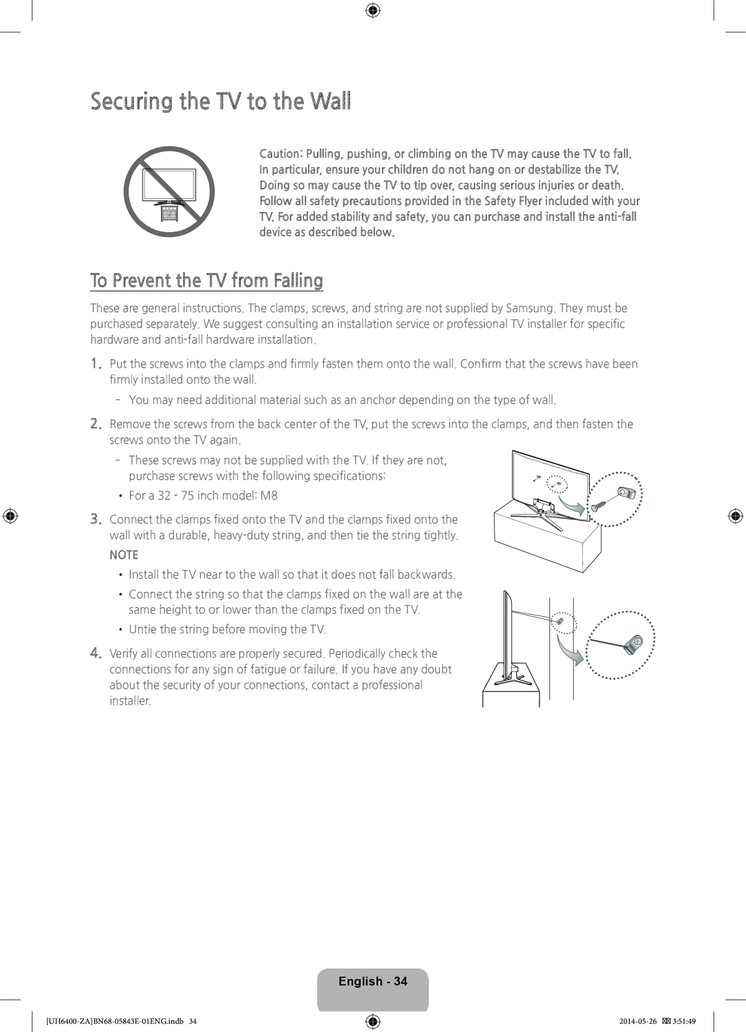 Samsung UN65H6400, UN60H6400 user manual Securing the TV to the Wall, To Prevent the TV from Falling 