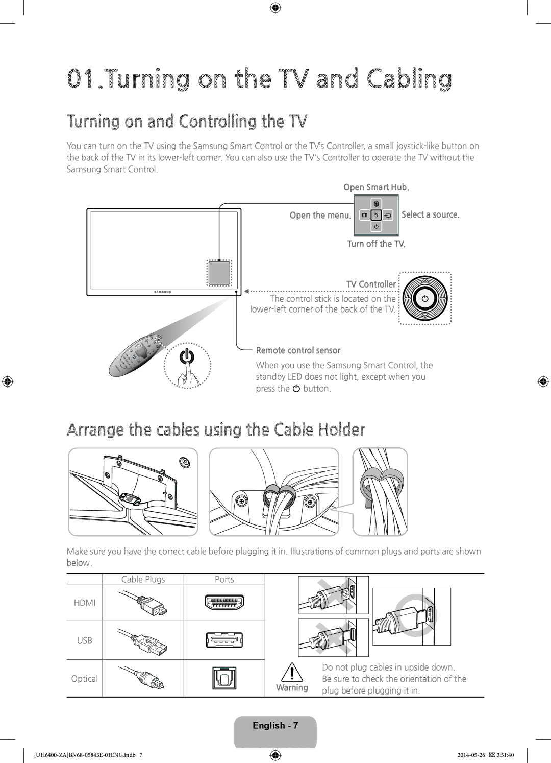 Samsung UN60H6400 Turning on and Controlling the TV, Arrange the cables using the Cable Holder, Remote control sensor 