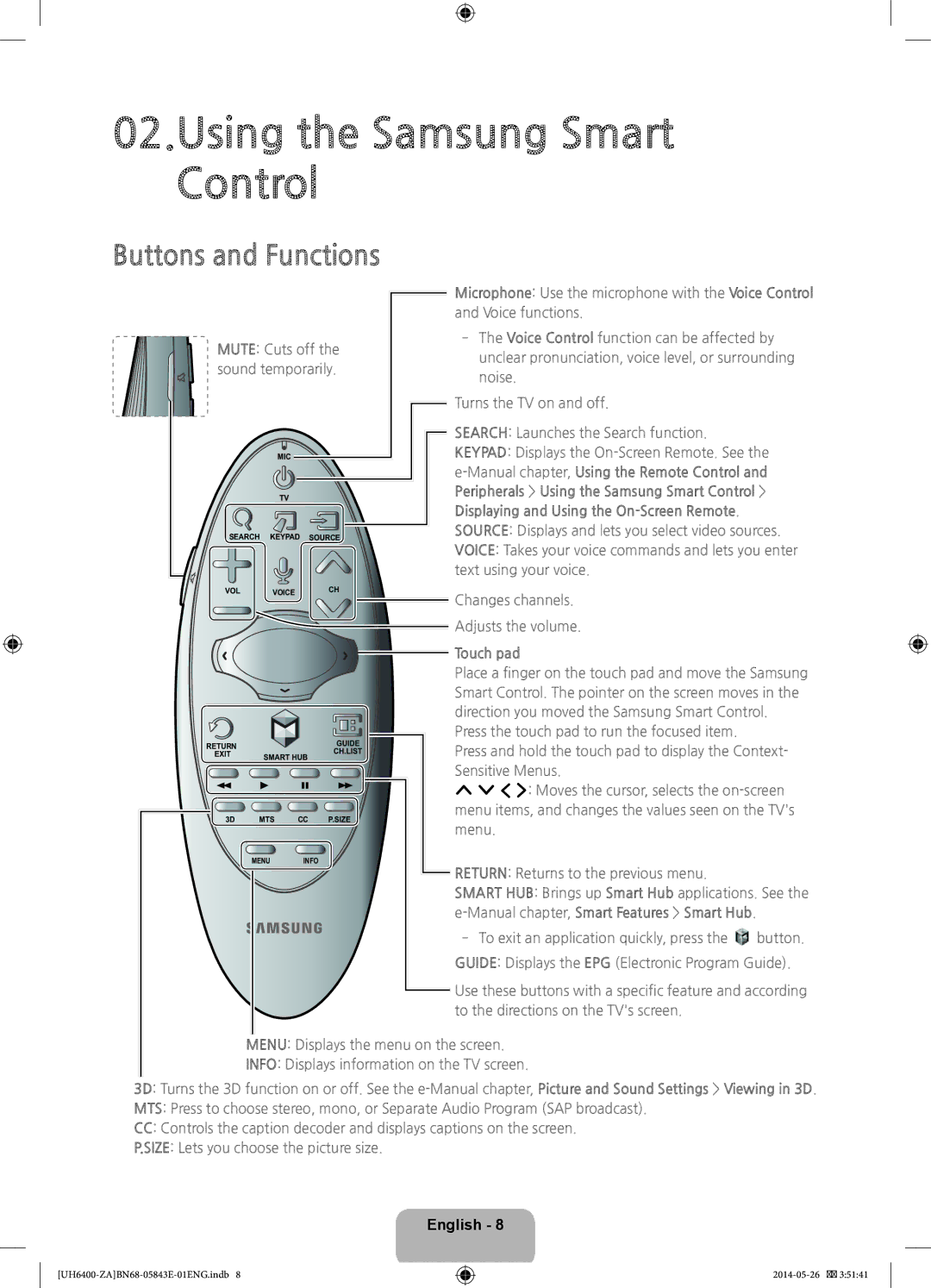 Samsung UN65H6400, UN60H6400 user manual Buttons and Functions, Touch pad, Manual chapter, Smart Features Smart Hub 