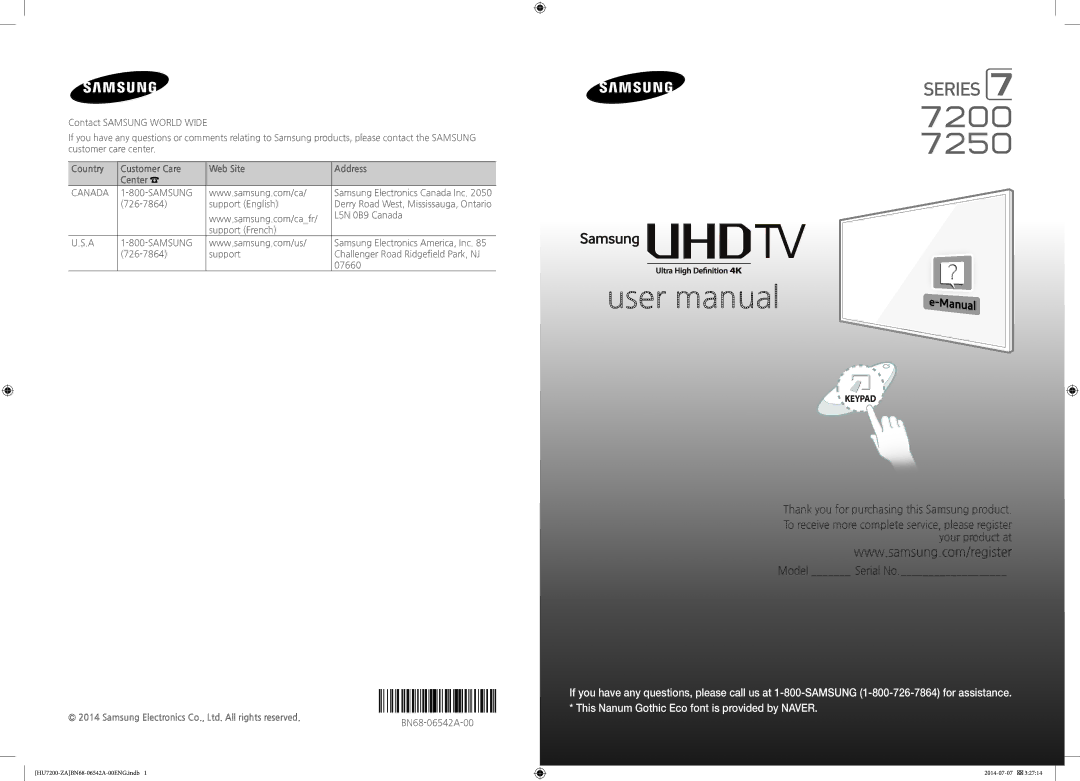 Samsung UN65HU7250 user manual Thank you for purchasing this Samsung product 