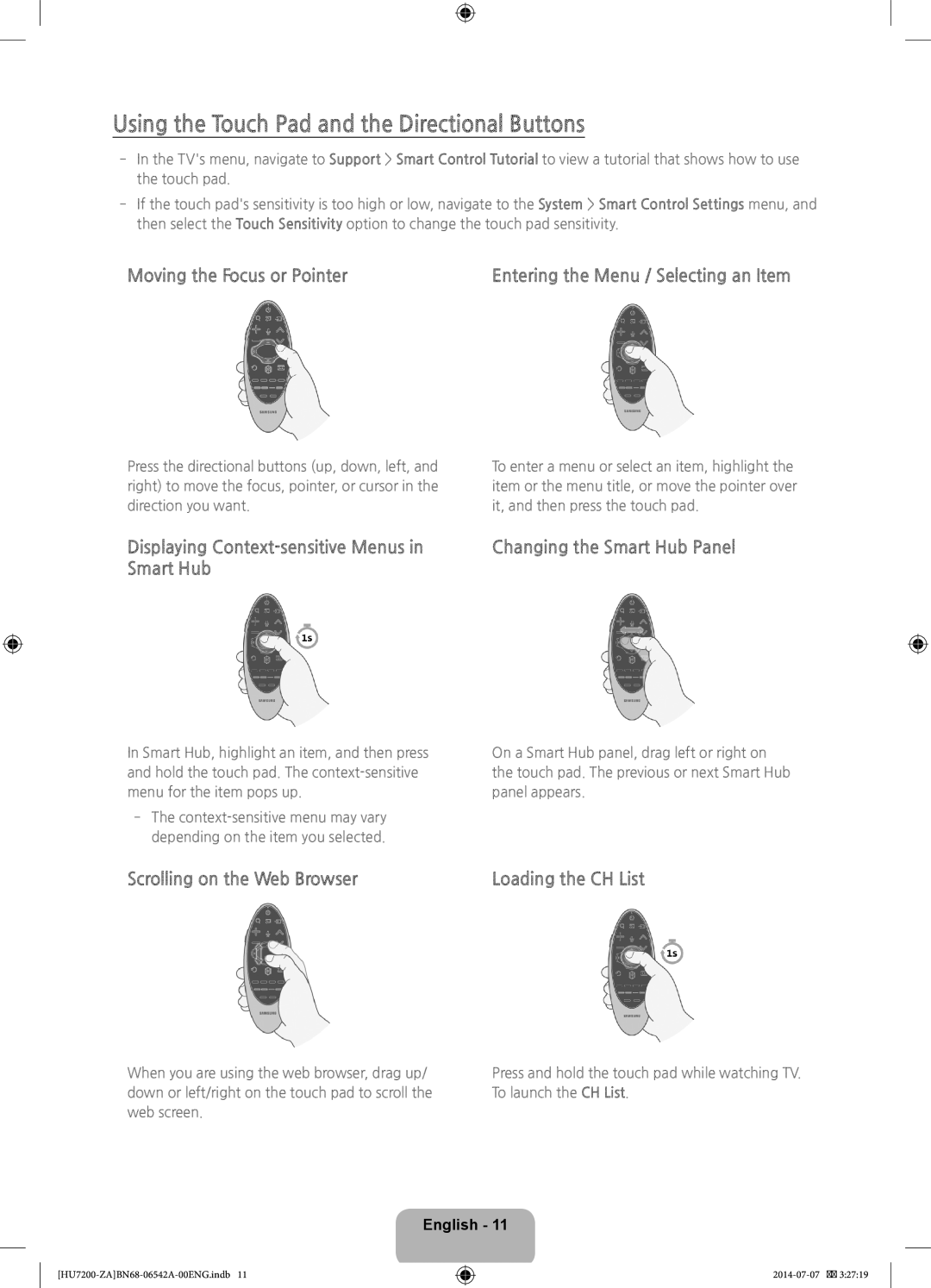 Samsung UN65HU7250 user manual Using the Touch Pad and the Directional Buttons, Moving the Focus or Pointer, Smart Hub 