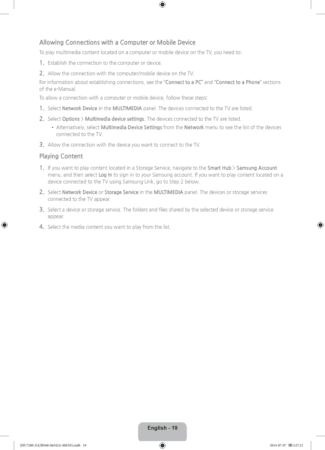 Samsung UN65HU7250 user manual Allowing Connections with a Computer or Mobile Device, Playing Content 