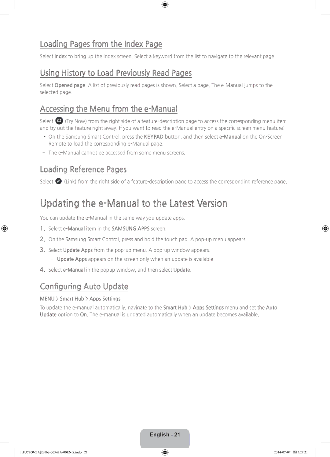 Samsung UN65HU7250 user manual Updating the e-Manual to the Latest Version 