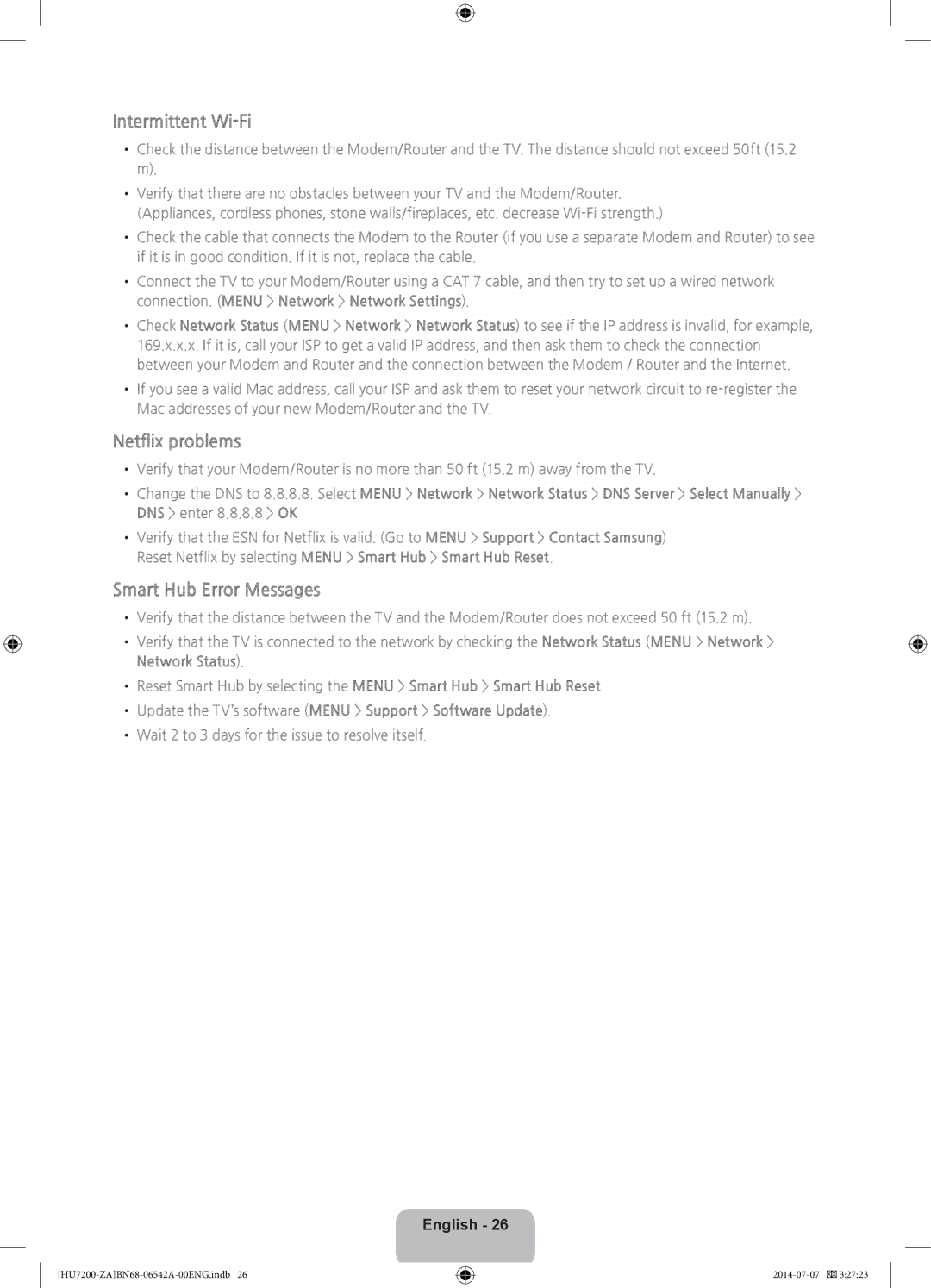 Samsung UN65HU7250 user manual Intermittent Wi-Fi, Netflix problems, Smart Hub Error Messages, Network Status 