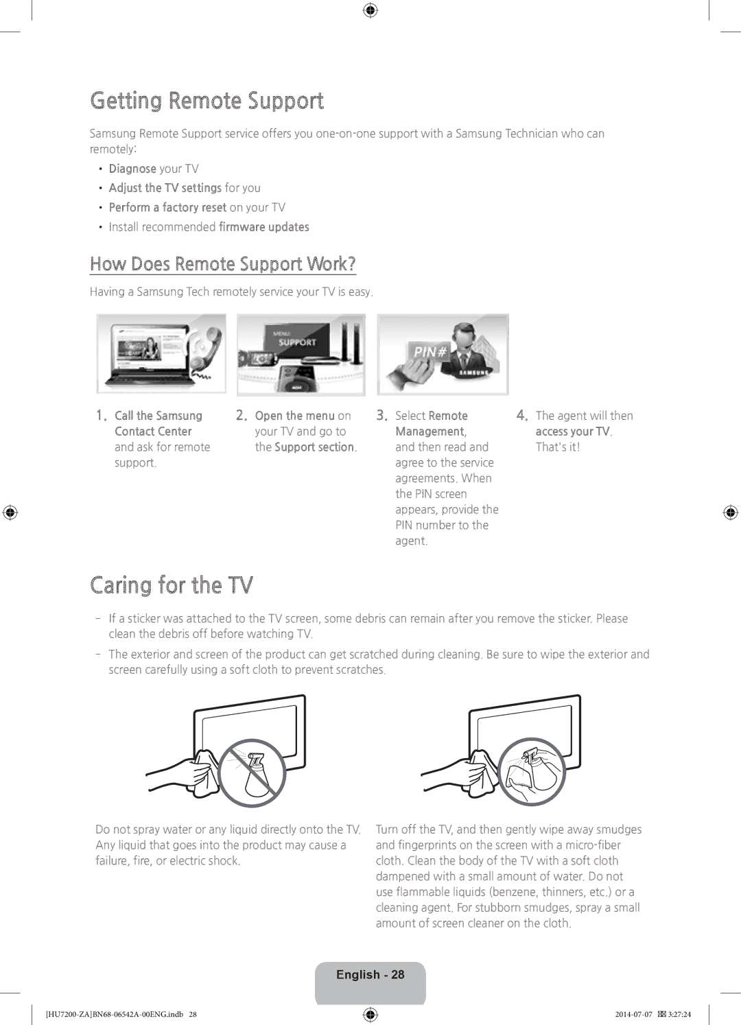 Samsung UN65HU7250 user manual Getting Remote Support, Caring for the TV, How Does Remote Support Work? 