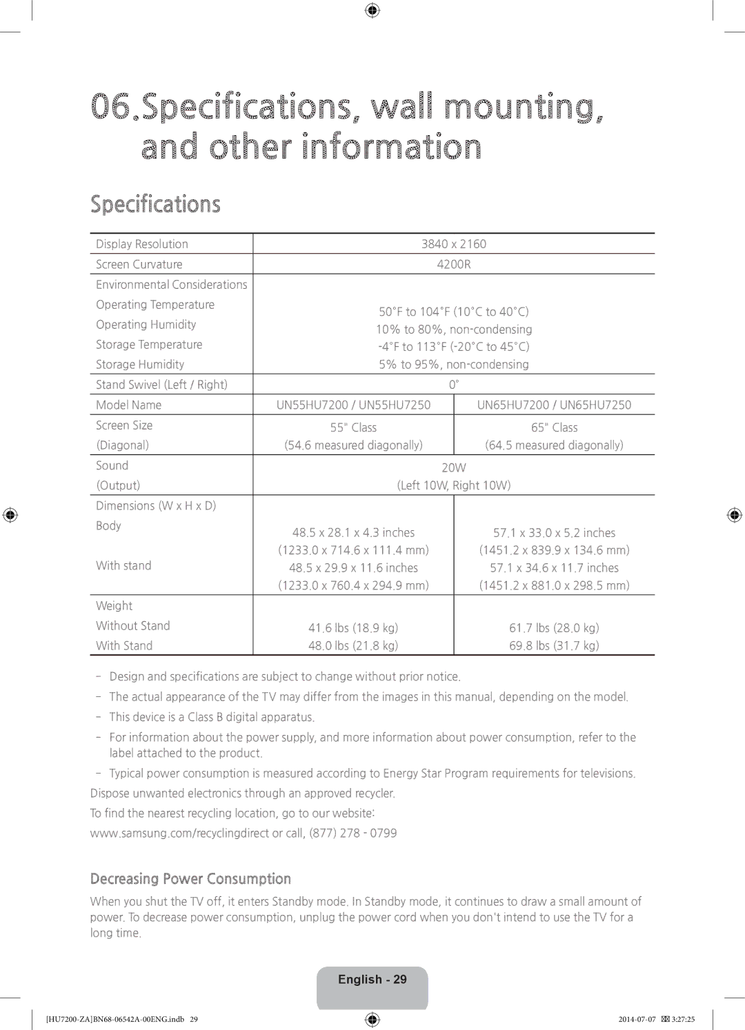 Samsung UN65HU7250 user manual Specifications, Decreasing Power Consumption 