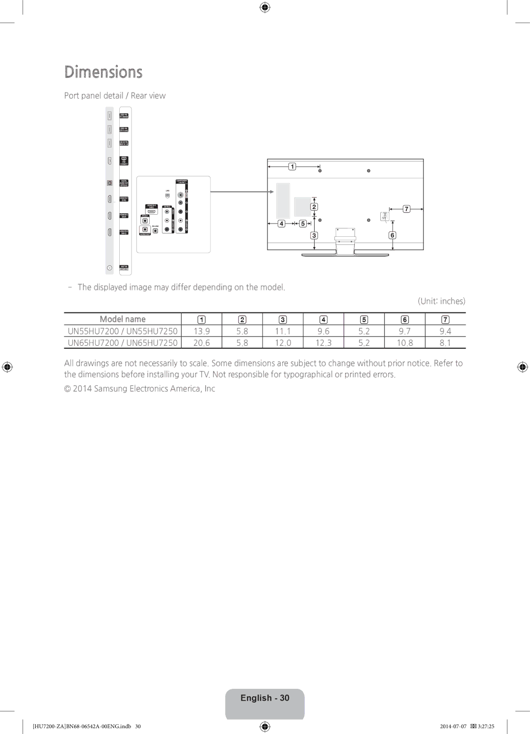 Samsung UN65HU7250 user manual Dimensions 