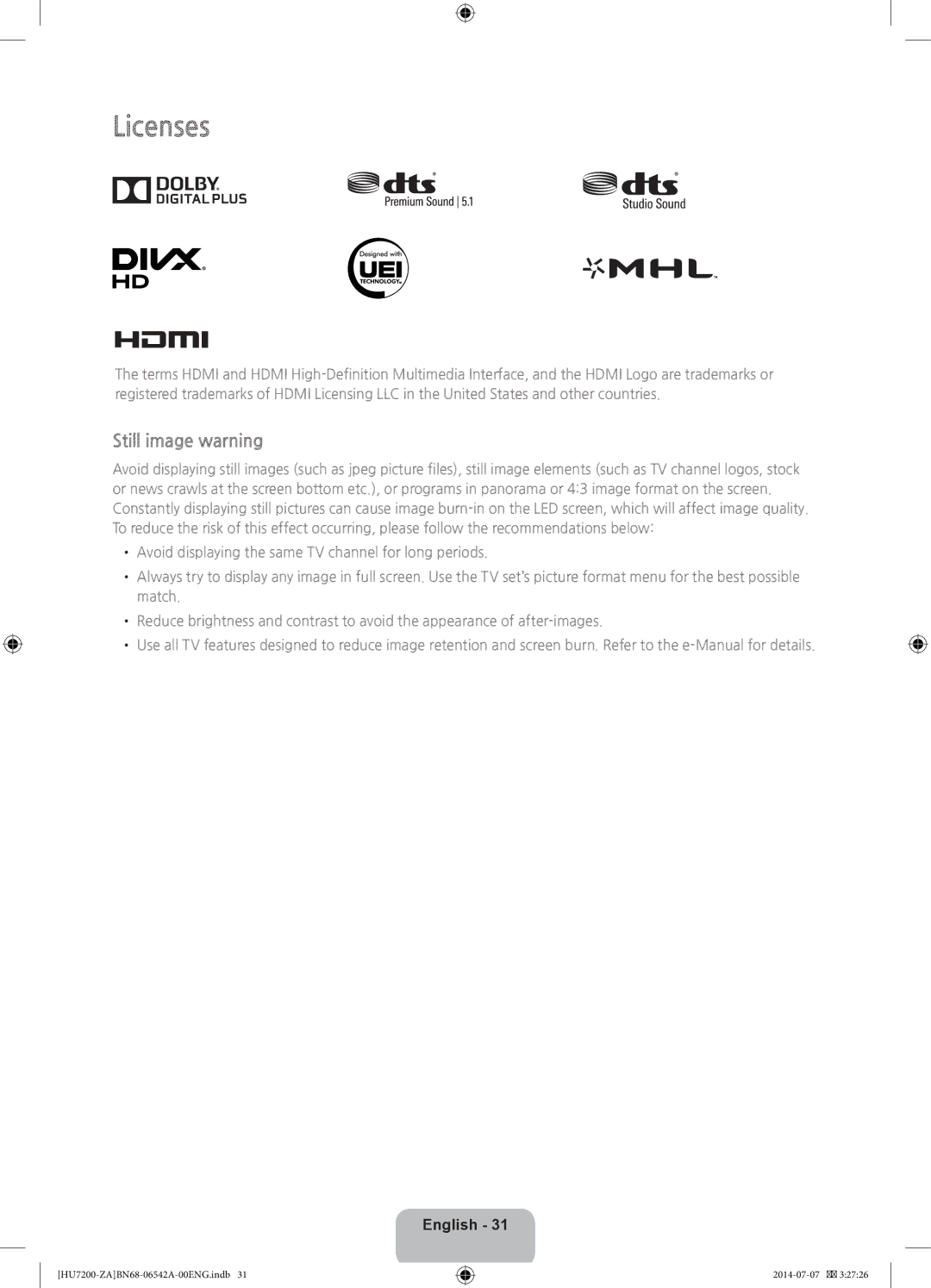 Samsung UN65HU7250 user manual Licenses, Still image warning 