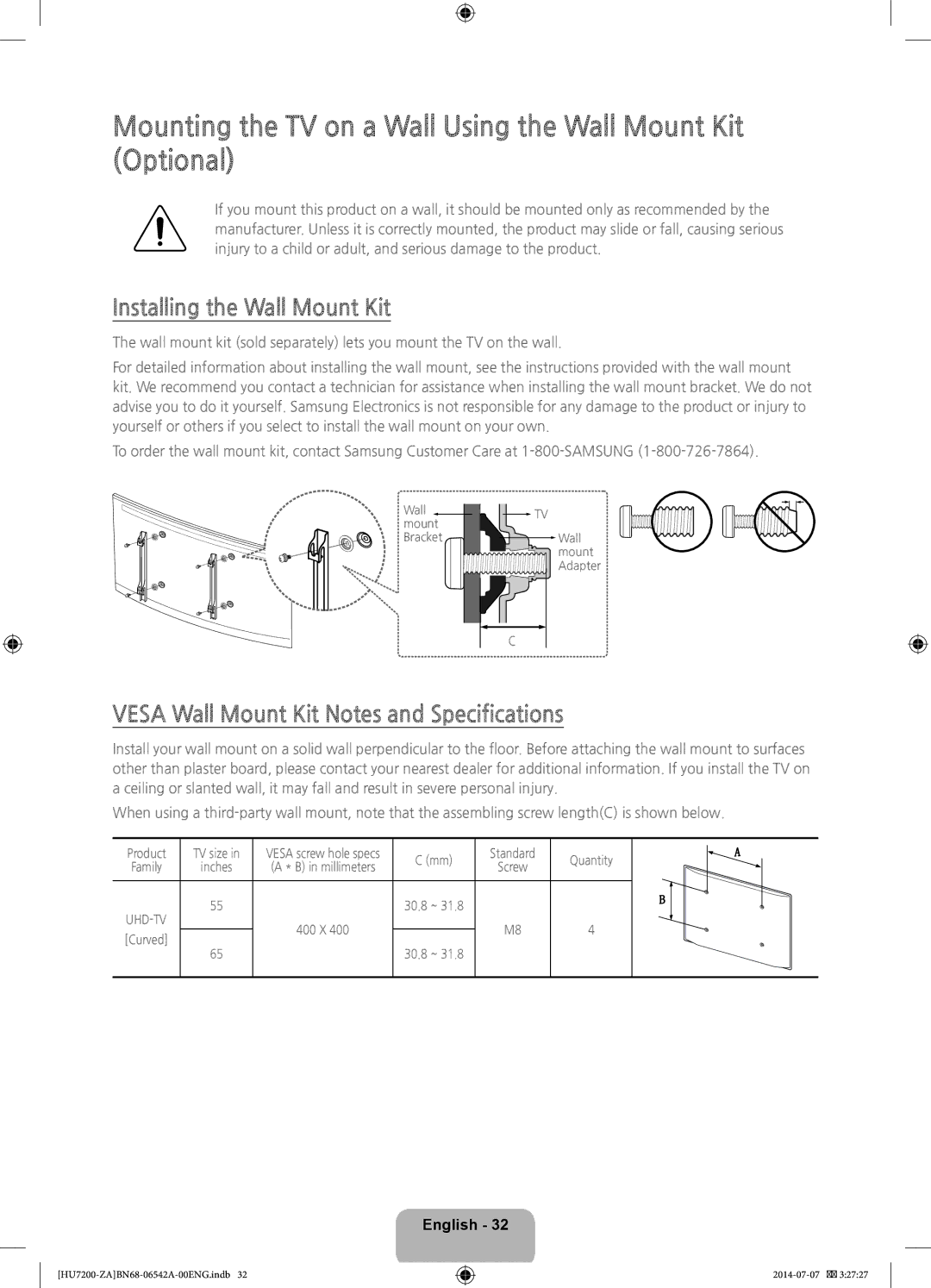 Samsung UN65HU7250 user manual Mounting the TV on a Wall Using the Wall Mount Kit Optional, Installing the Wall Mount Kit 