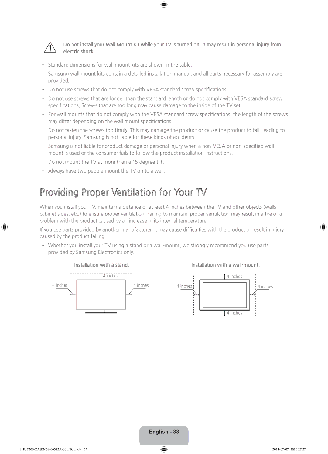 Samsung UN65HU7250 user manual Providing Proper Ventilation for Your TV, Installation with a stand 