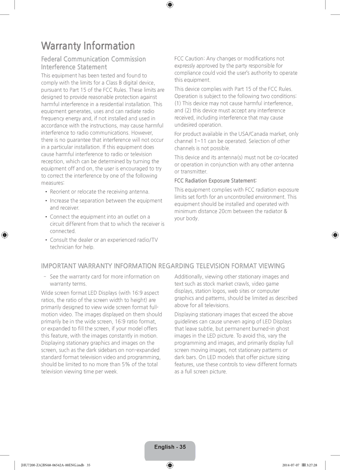 Samsung UN65HU7250 user manual Warranty Information, FCC Radiation Exposure Statement 