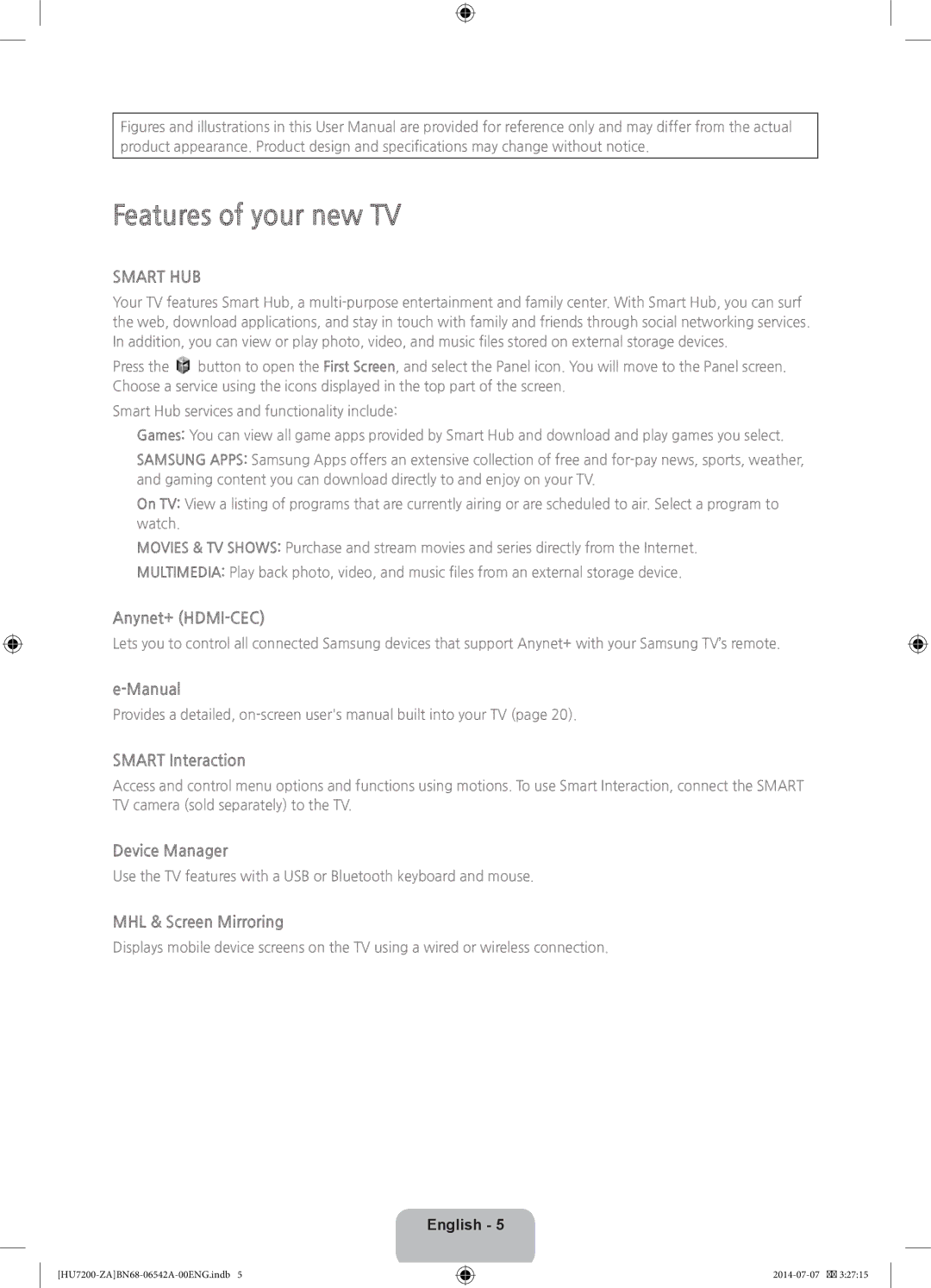 Samsung UN65HU7250 user manual Features of your new TV, Smart HUB 