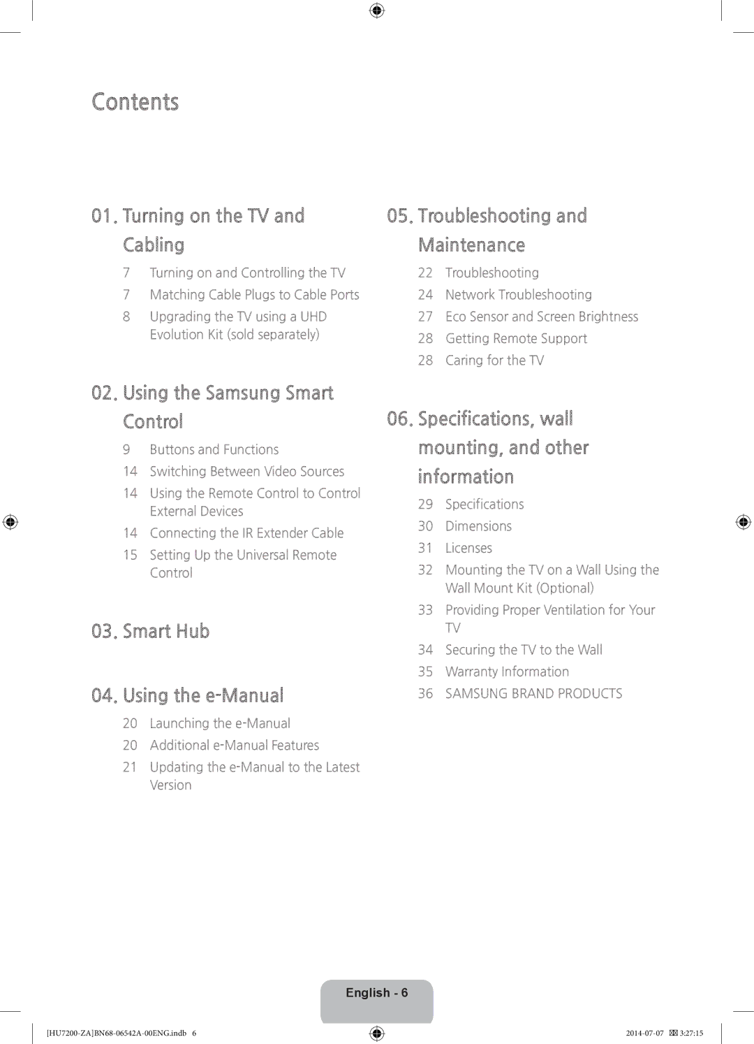 Samsung UN65HU7250 user manual Contents 