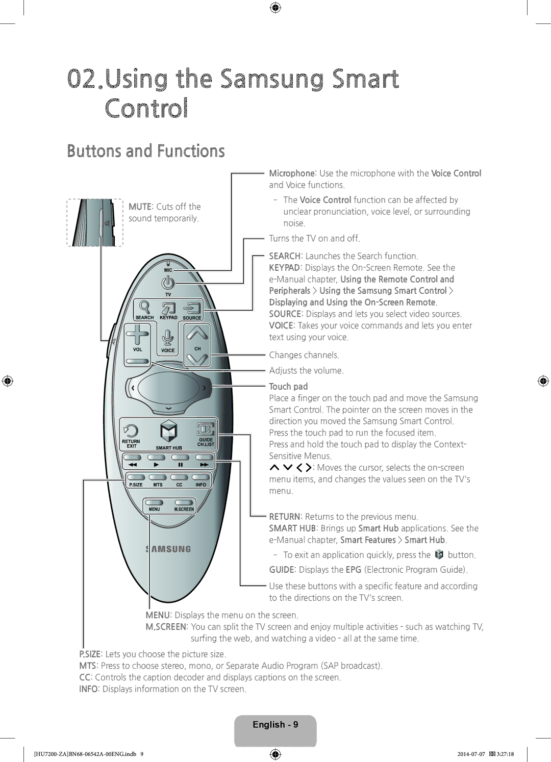 Samsung UN65HU7250 user manual Buttons and Functions, Touch pad, Manual chapter, Smart Features Smart Hub 