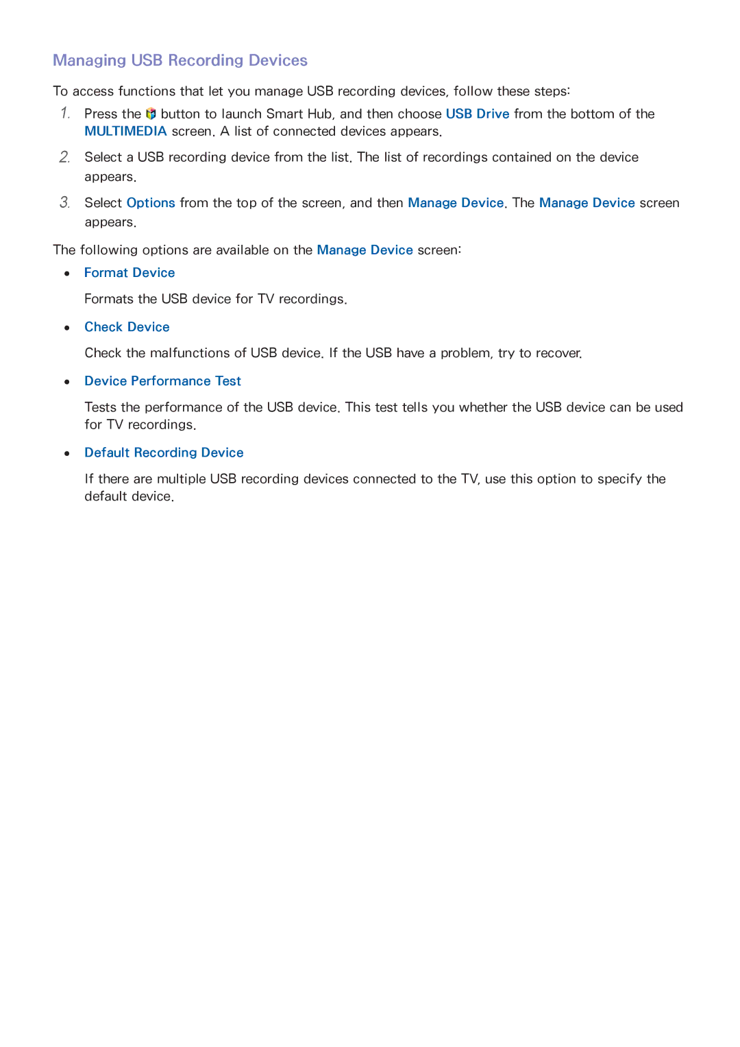 Samsung UN65HU8550 manual Managing USB Recording Devices, Format Device, Check Device, Device Performance Test 