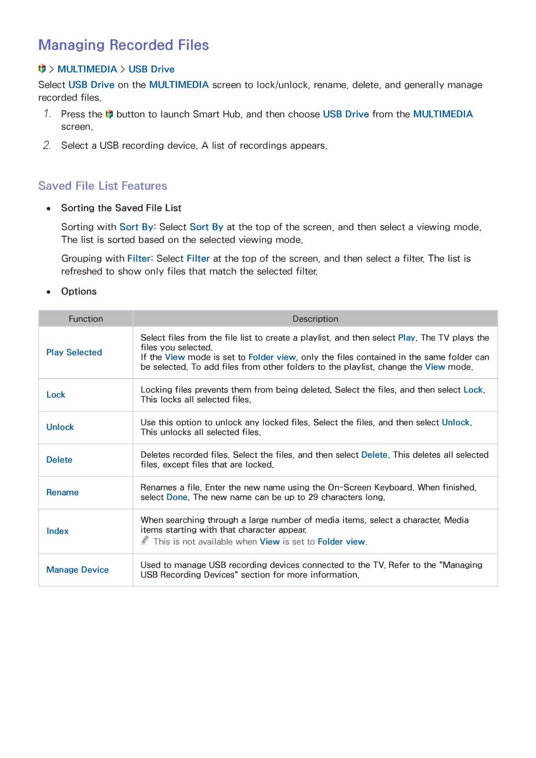 Samsung UN65HU8550 manual Managing Recorded Files, Saved File List Features, Sorting the Saved File List, Options 
