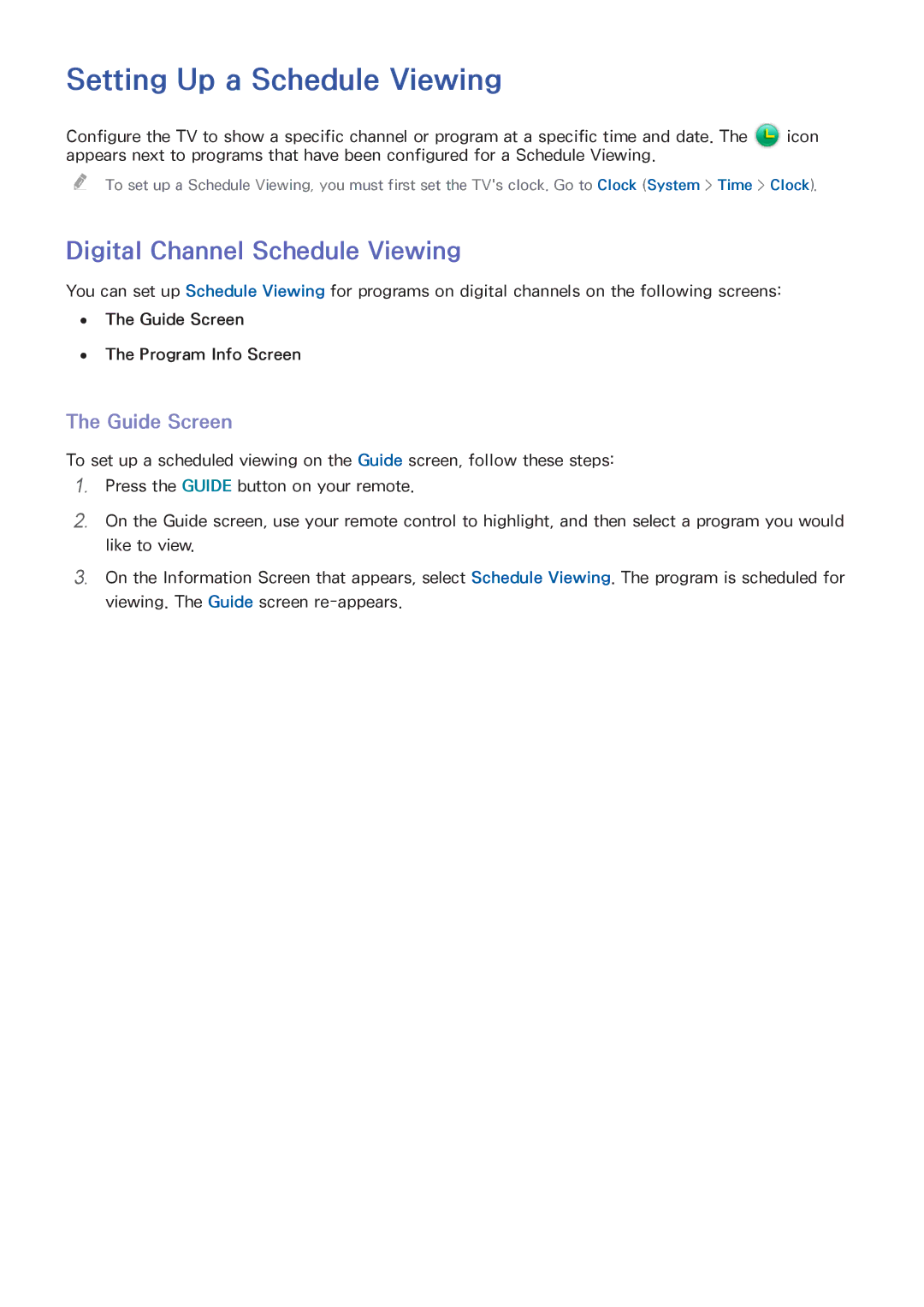 Samsung UN65HU8550 Setting Up a Schedule Viewing, Digital Channel Schedule Viewing, Guide Screen, Program Info Screen 