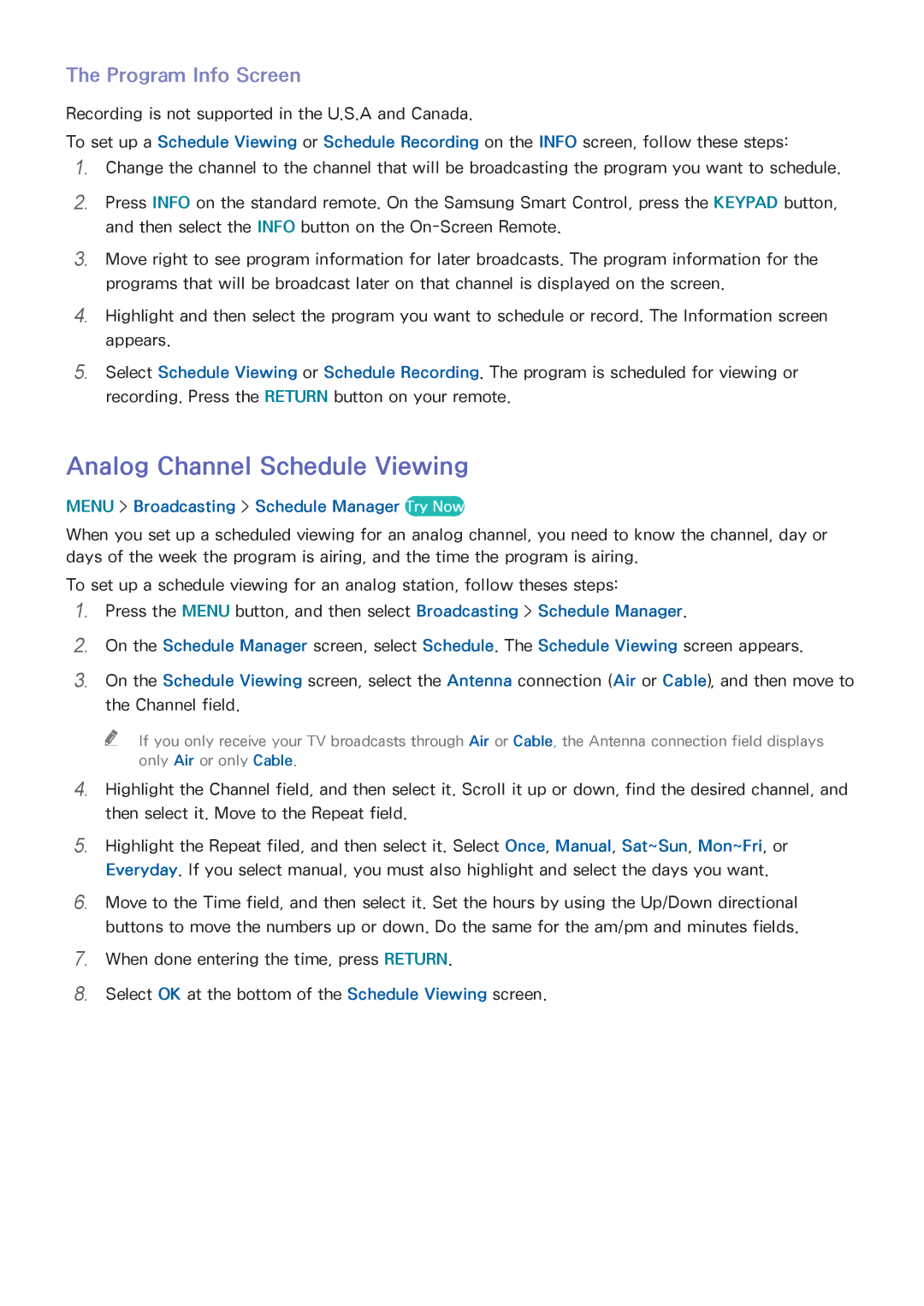 Samsung UN65HU8550 manual Analog Channel Schedule Viewing, Program Info Screen, Menu Broadcasting Schedule Manager Try Now 