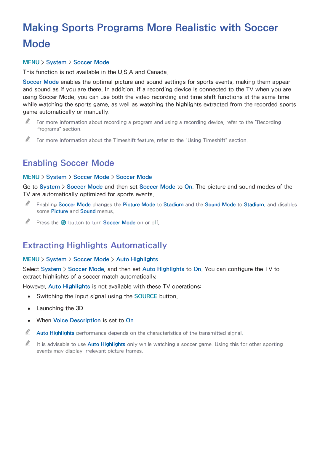 Samsung UN65HU8550 manual Making Sports Programs More Realistic with Soccer Mode, Enabling Soccer Mode 