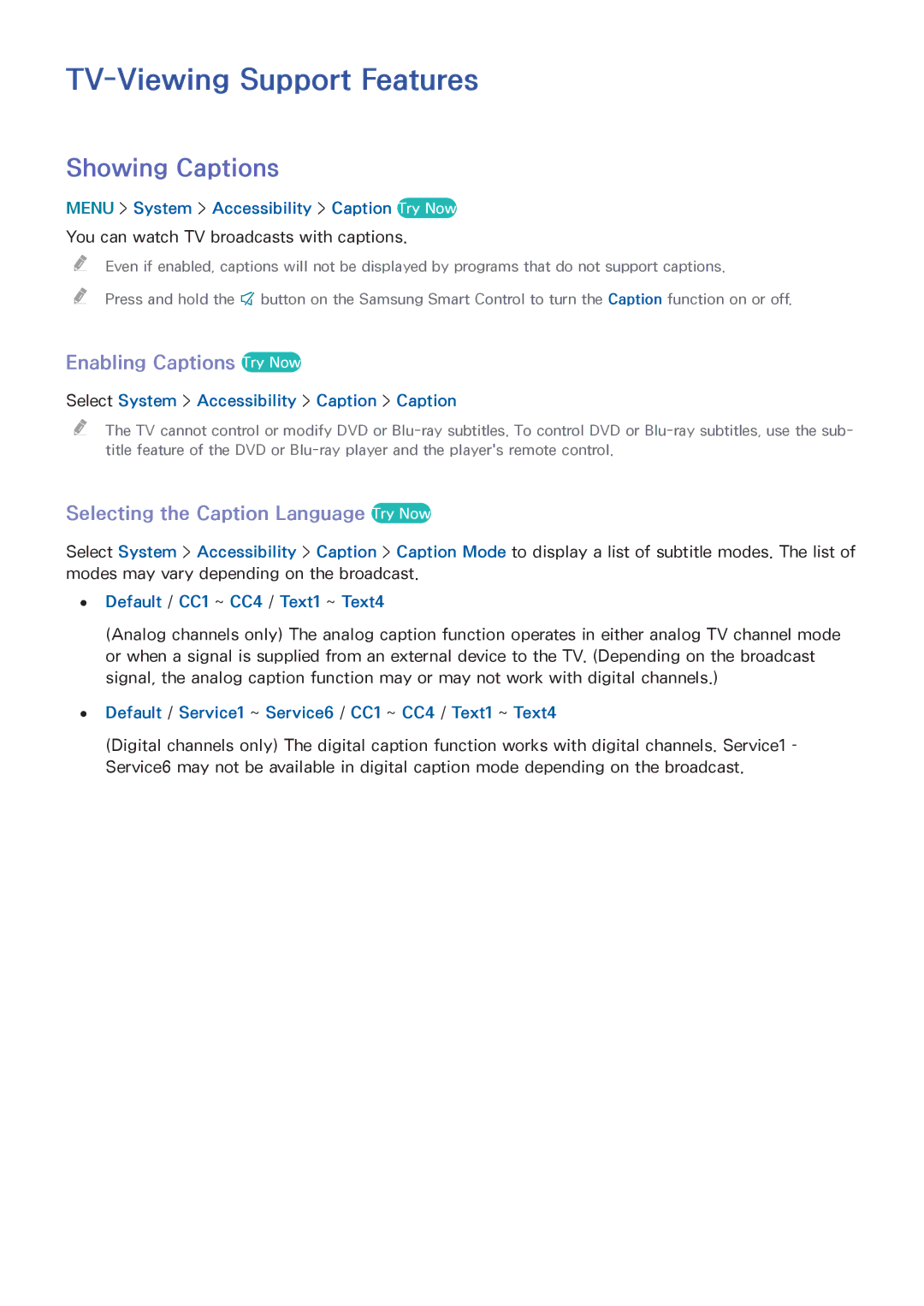 Samsung UN65HU8550 manual TV-Viewing Support Features, Showing Captions, Enabling Captions Try Now 