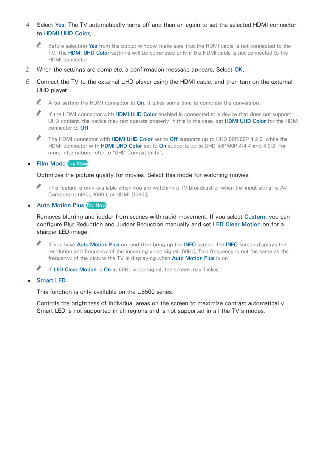 Samsung UN65HU8550 manual Film Mode Try Now, Auto Motion Plus Try Now, Smart LED 