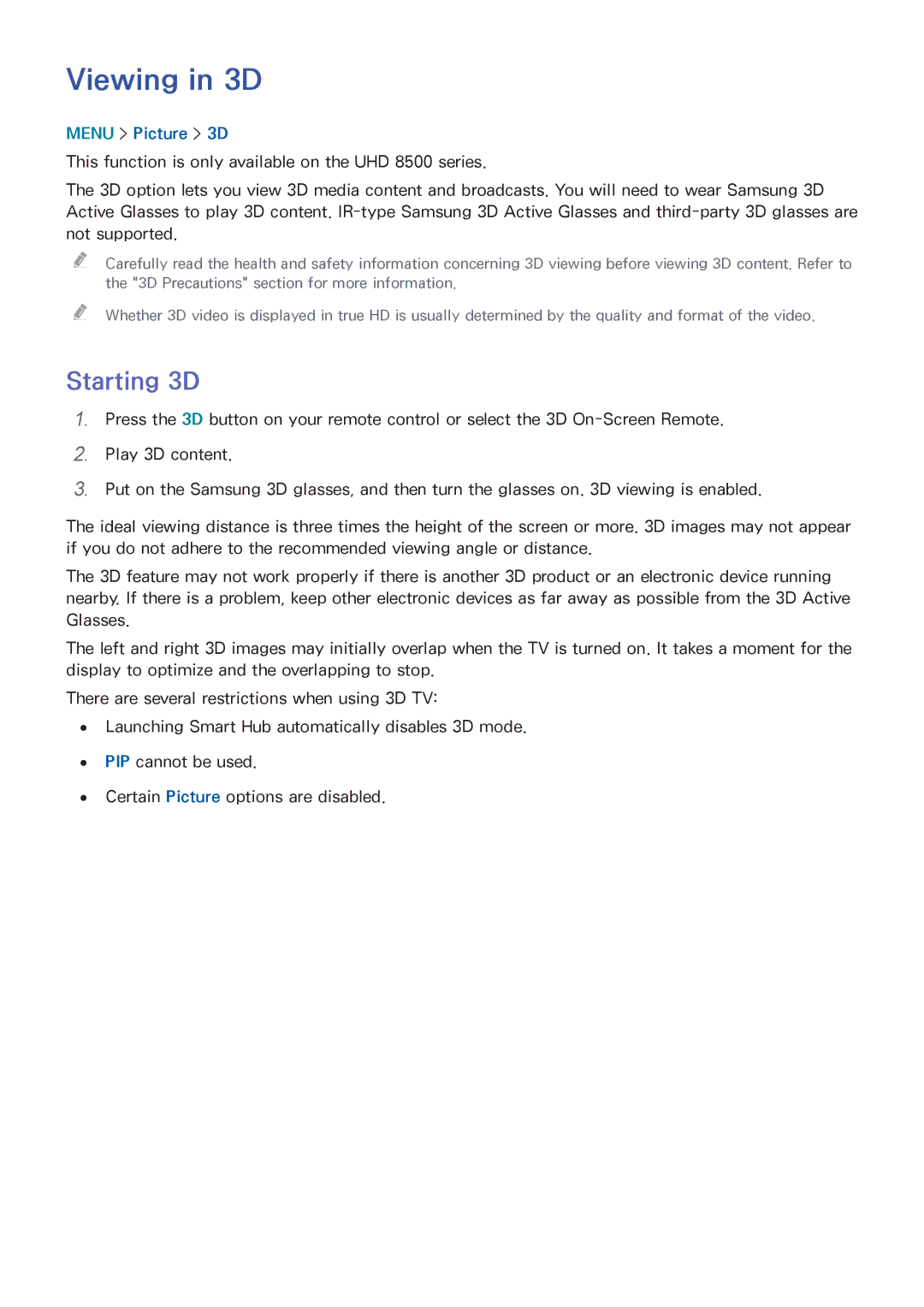 Samsung UN65HU8550 manual Viewing in 3D, Starting 3D, Menu Picture 3D 