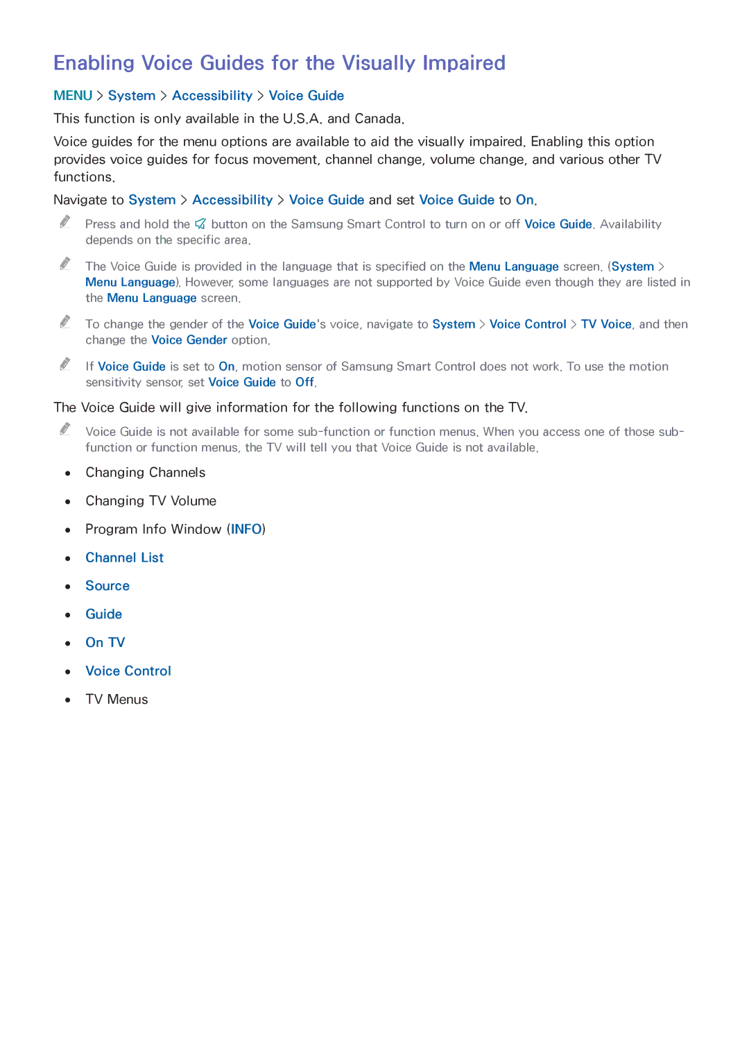 Samsung UN65HU8550 manual Enabling Voice Guides for the Visually Impaired, Menu System Accessibility Voice Guide, TV Menus 