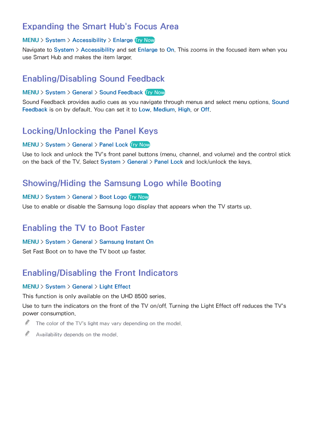 Samsung UN65HU8550 Expanding the Smart Hubs Focus Area, Enabling/Disabling Sound Feedback, Enabling the TV to Boot Faster 