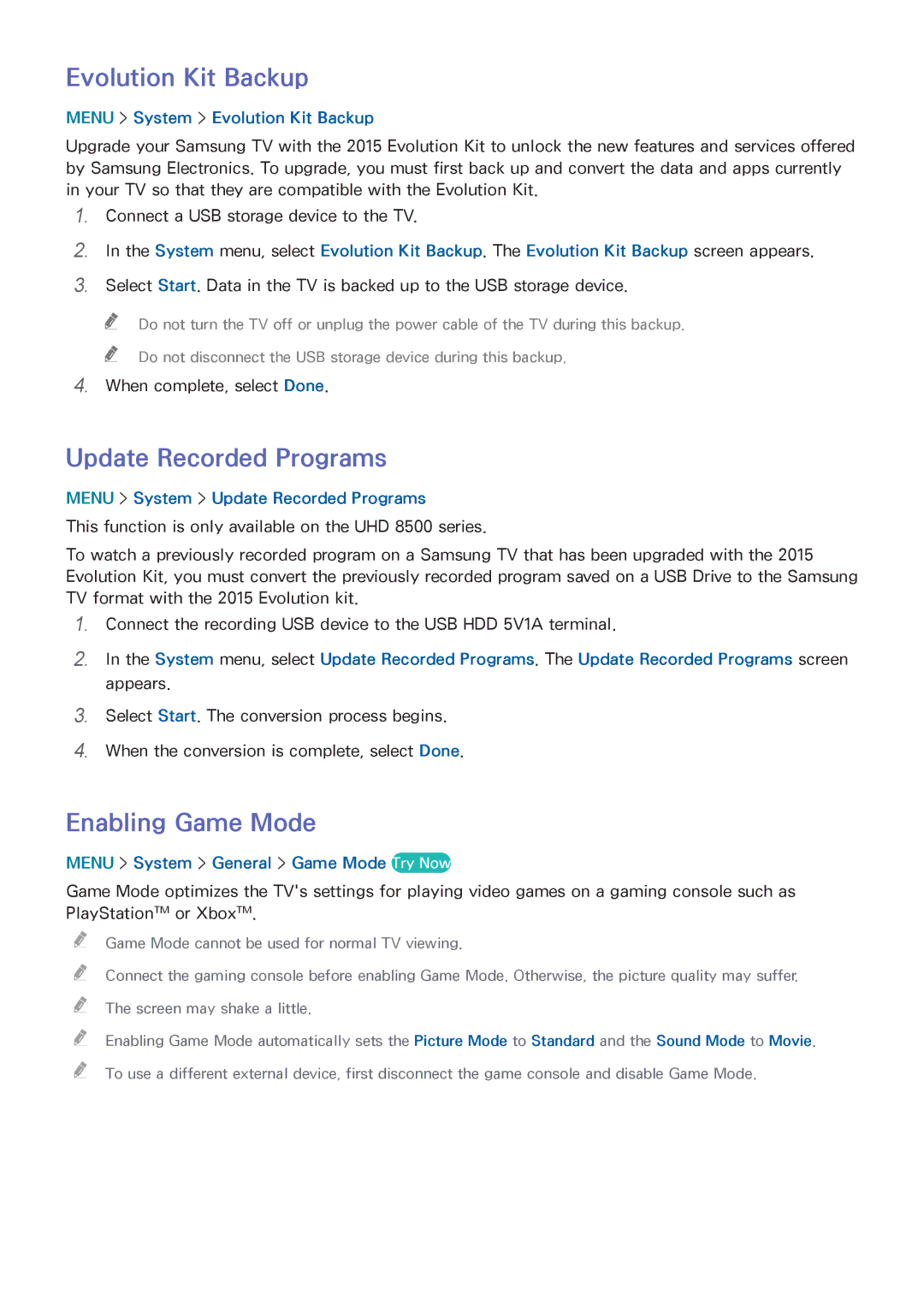 Samsung UN65HU8550 manual Evolution Kit Backup, Update Recorded Programs, Enabling Game Mode 