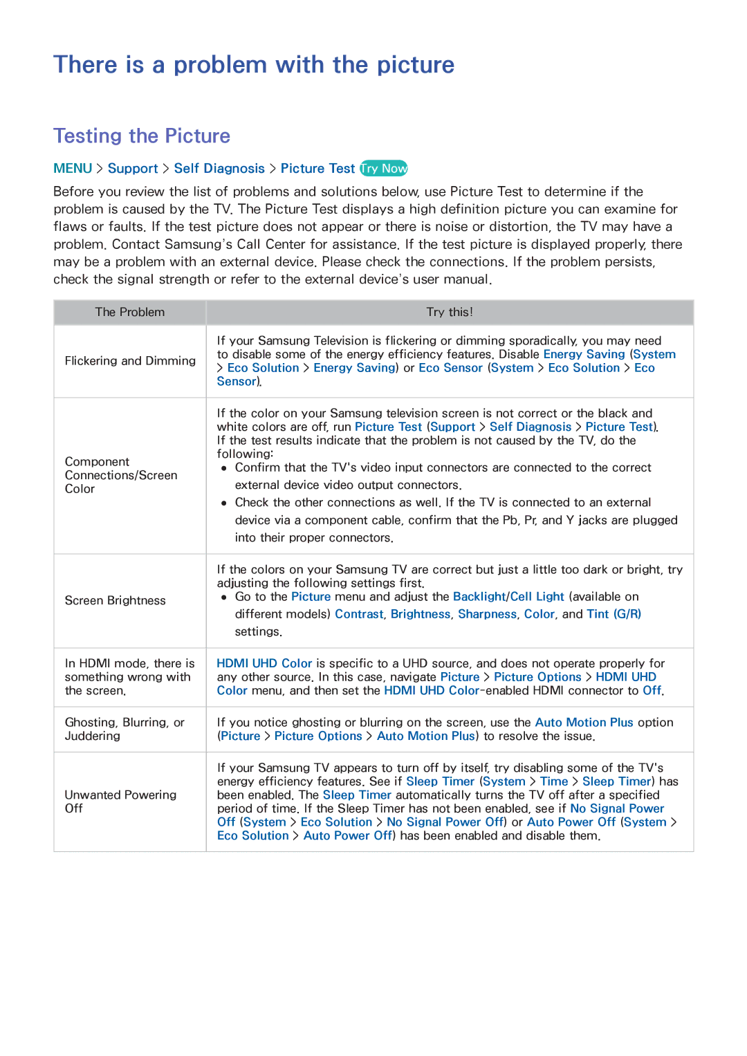 Samsung UN65HU8550 manual There is a problem with the picture, Testing the Picture 