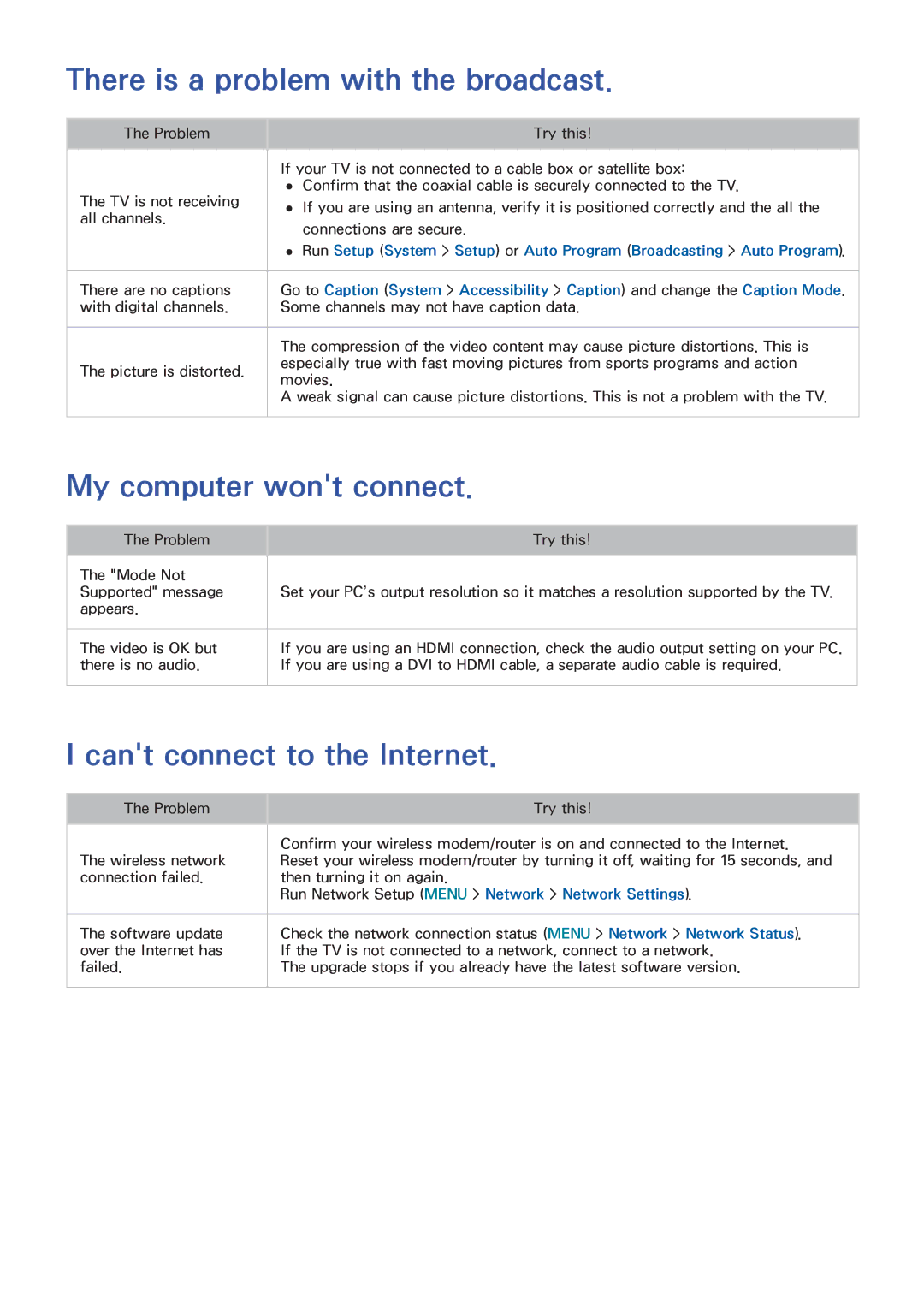 Samsung UN65HU8550 manual There is a problem with the broadcast, My computer wont connect, Cant connect to the Internet 