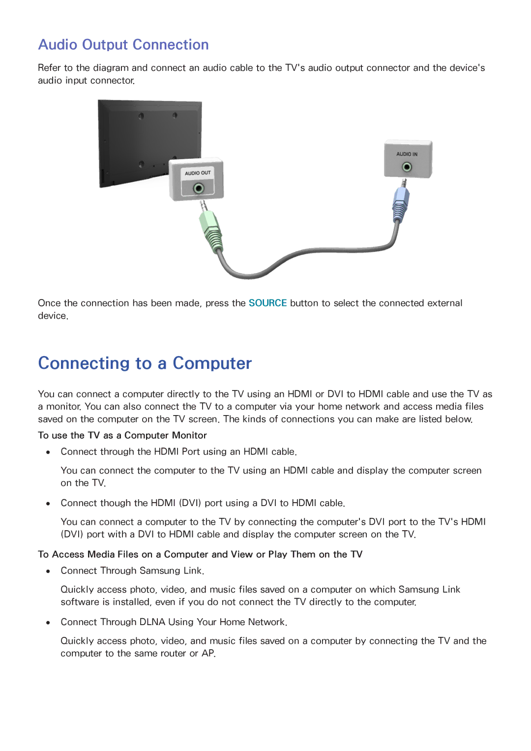 Samsung UN65HU8550 manual Connecting to a Computer, Audio Output Connection, To use the TV as a Computer Monitor 