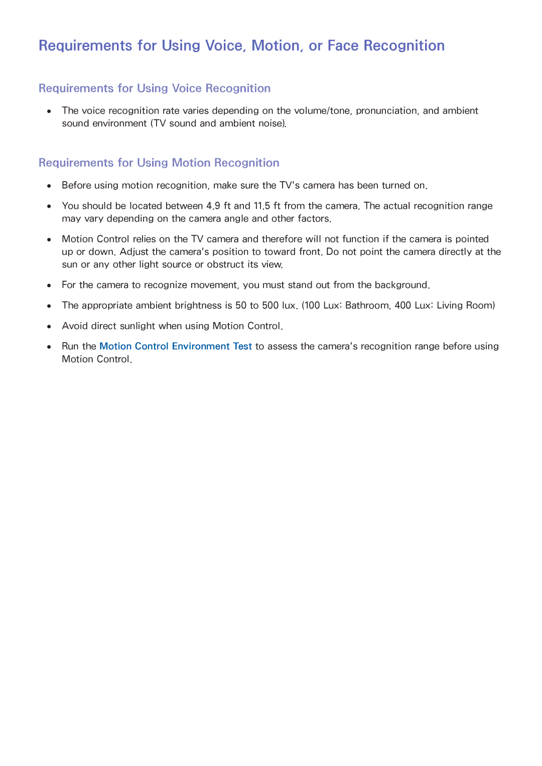 Samsung UN65HU8550 Requirements for Using Voice, Motion, or Face Recognition, Requirements for Using Voice Recognition 